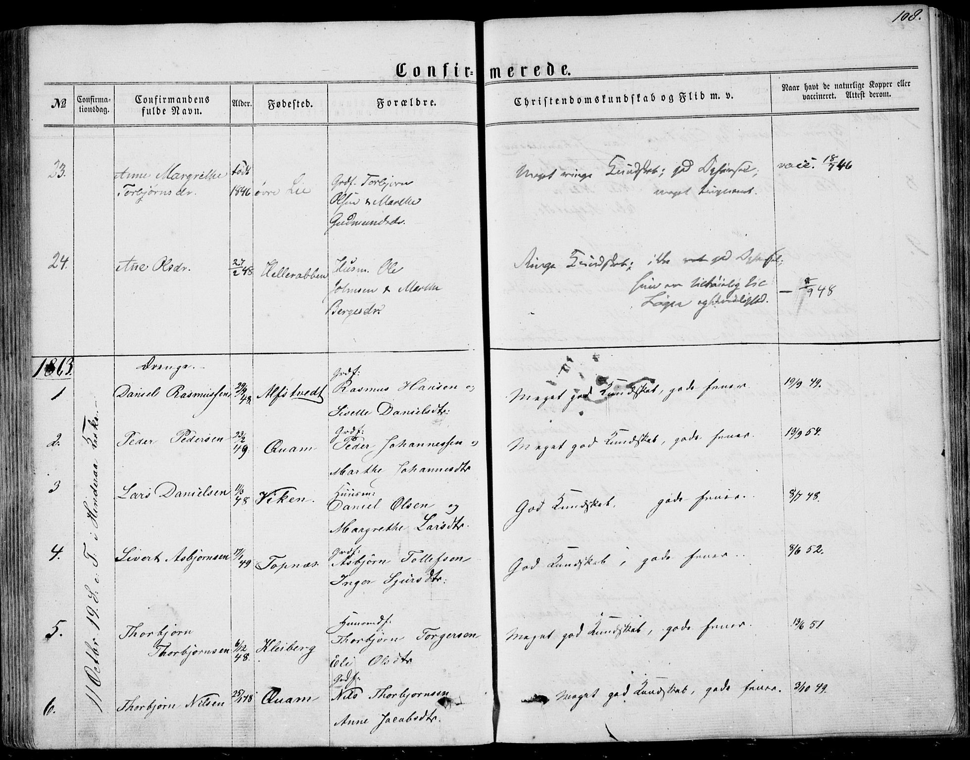 Nedstrand sokneprestkontor, AV/SAST-A-101841/01/IV: Parish register (official) no. A 9, 1861-1876, p. 108