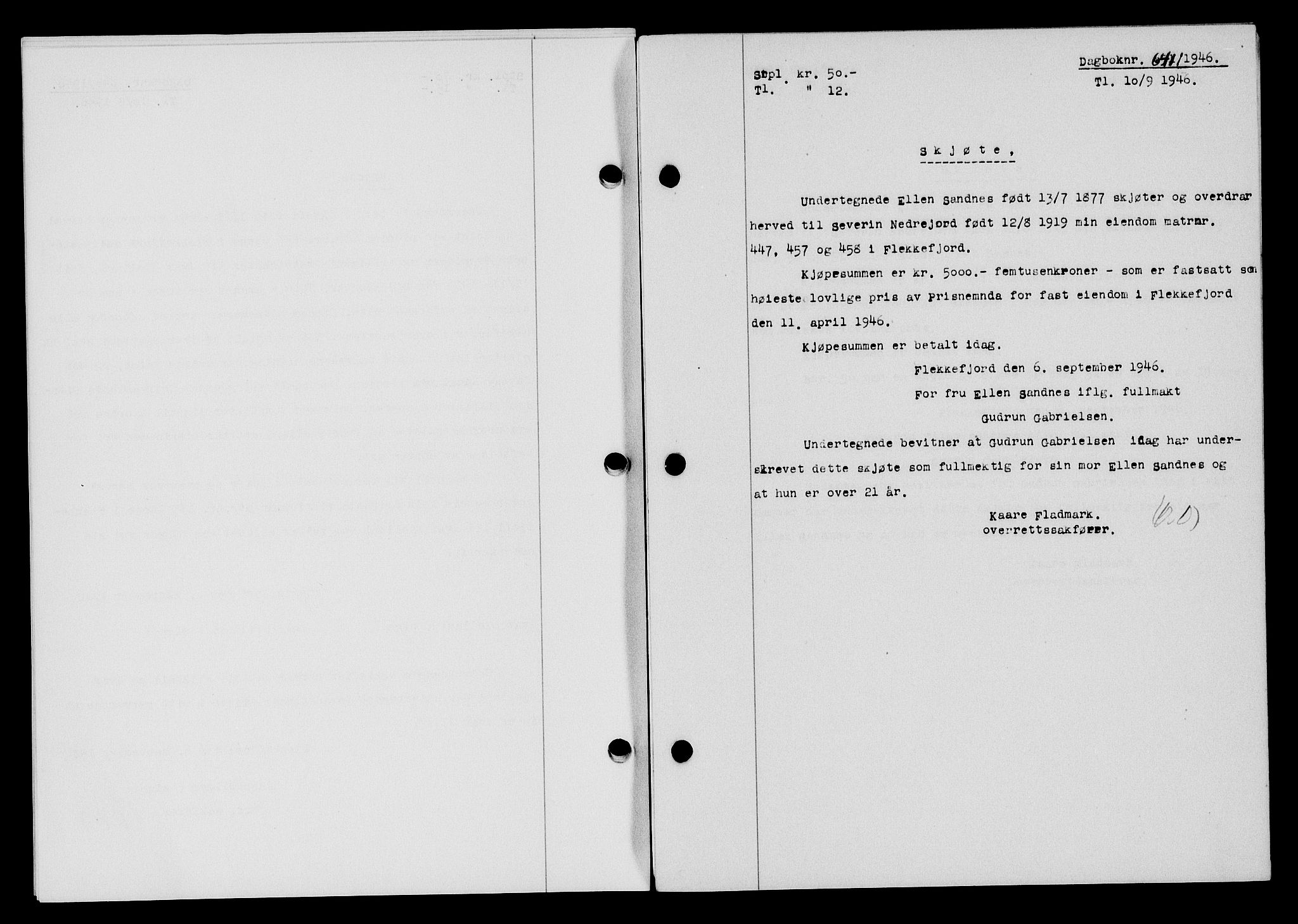 Flekkefjord sorenskriveri, SAK/1221-0001/G/Gb/Gba/L0060: Mortgage book no. A-8, 1945-1946, Diary no: : 641/1946