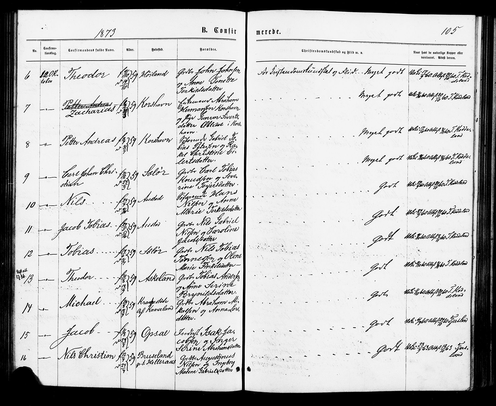 Lyngdal sokneprestkontor, AV/SAK-1111-0029/F/Fa/Faa/L0003: Parish register (official) no. A 3, 1871-1882, p. 105