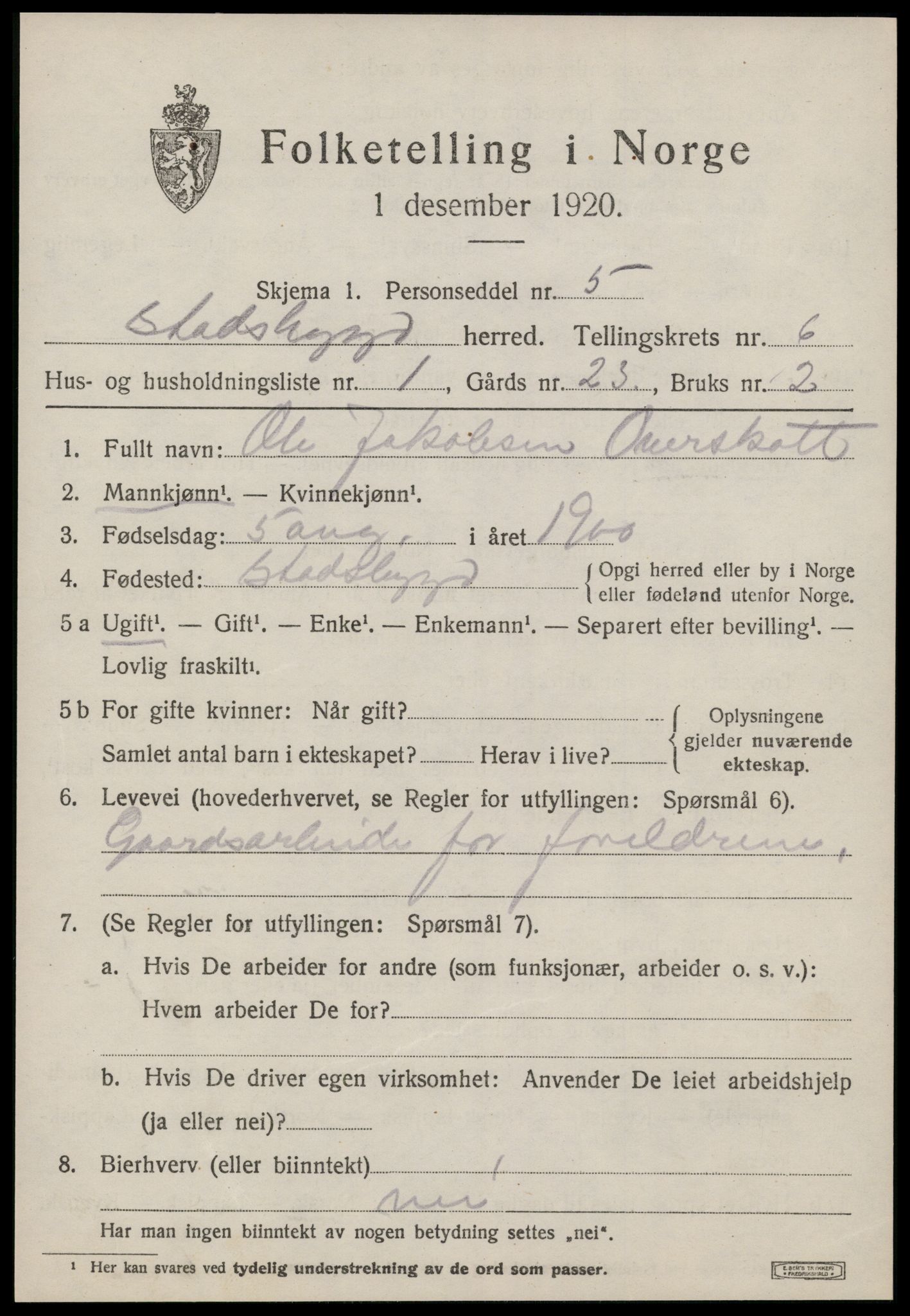 SAT, 1920 census for Stadsbygd, 1920, p. 3052