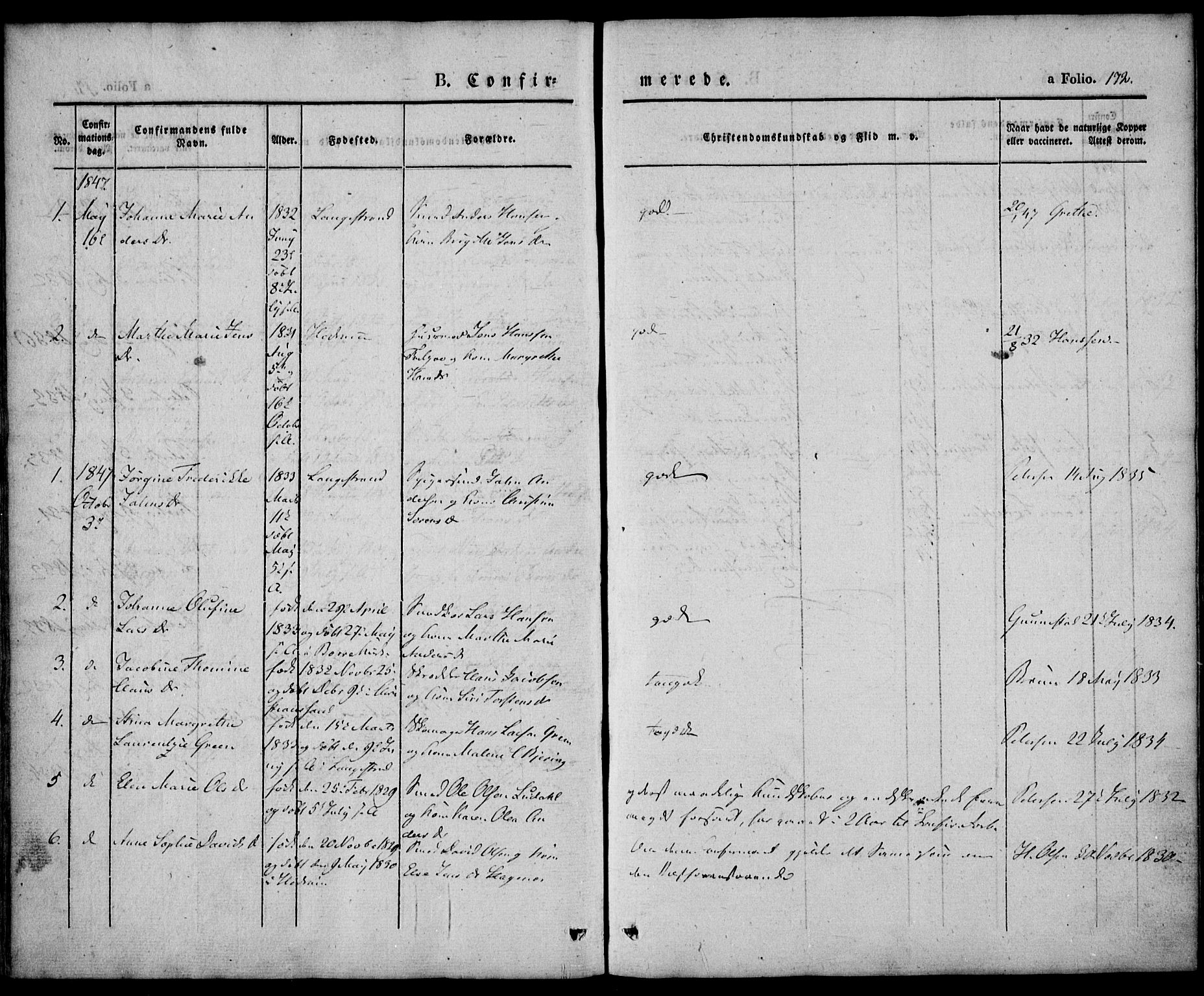 Larvik kirkebøker, AV/SAKO-A-352/F/Fb/L0003: Parish register (official) no. II 3, 1842-1856, p. 172