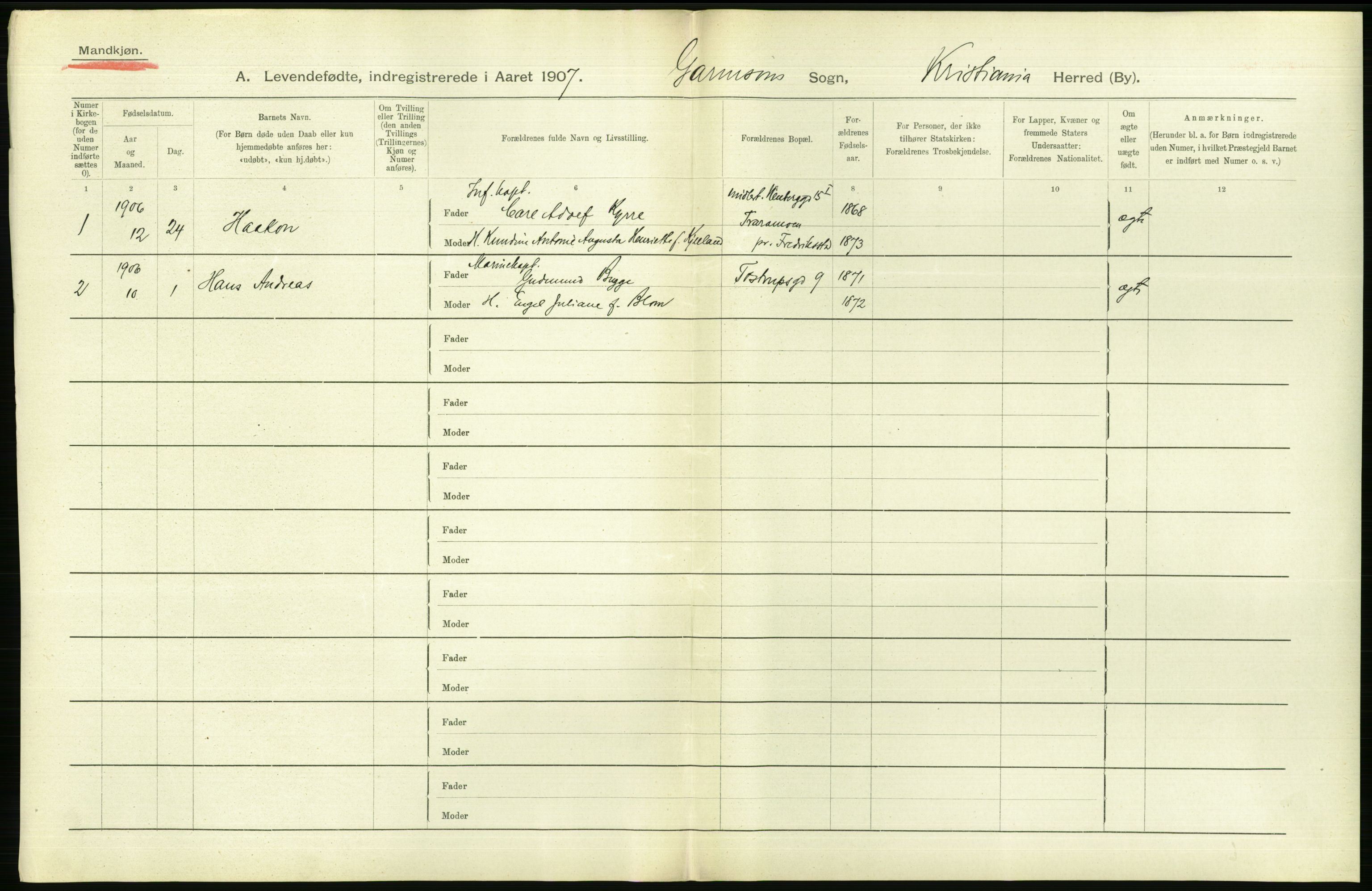 Statistisk sentralbyrå, Sosiodemografiske emner, Befolkning, AV/RA-S-2228/D/Df/Dfa/Dfae/L0007: Kristiania: Levendefødte menn og kvinner., 1907, p. 716