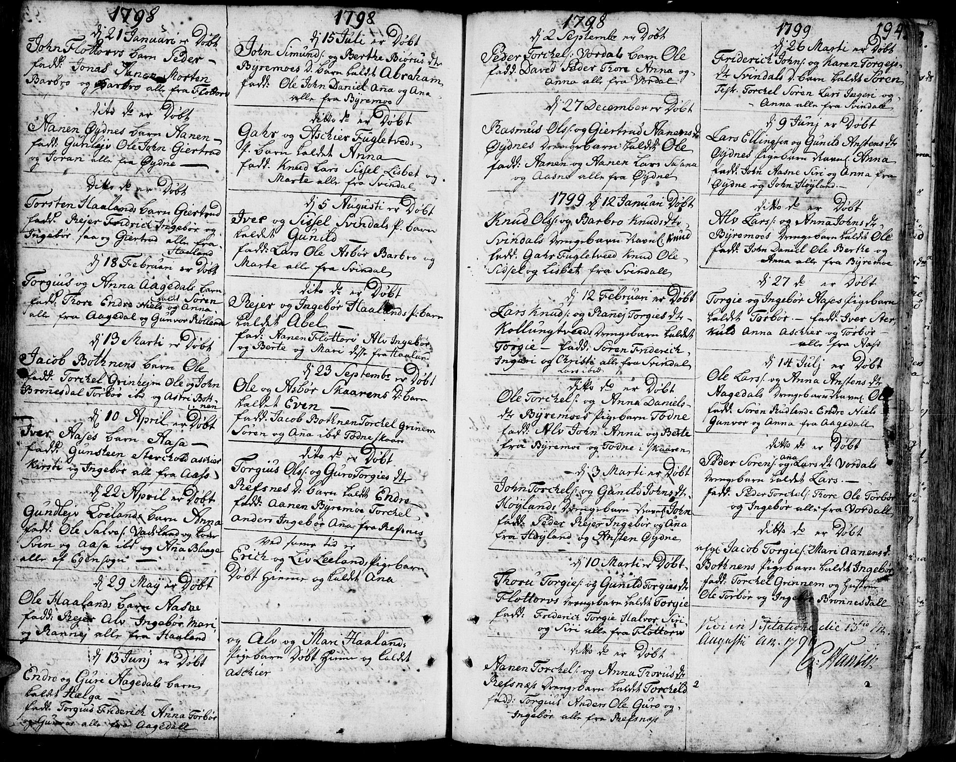 Bjelland sokneprestkontor, SAK/1111-0005/F/Fa/Faa/L0001: Parish register (official) no. A 1 /3, 1793-1815, p. 194
