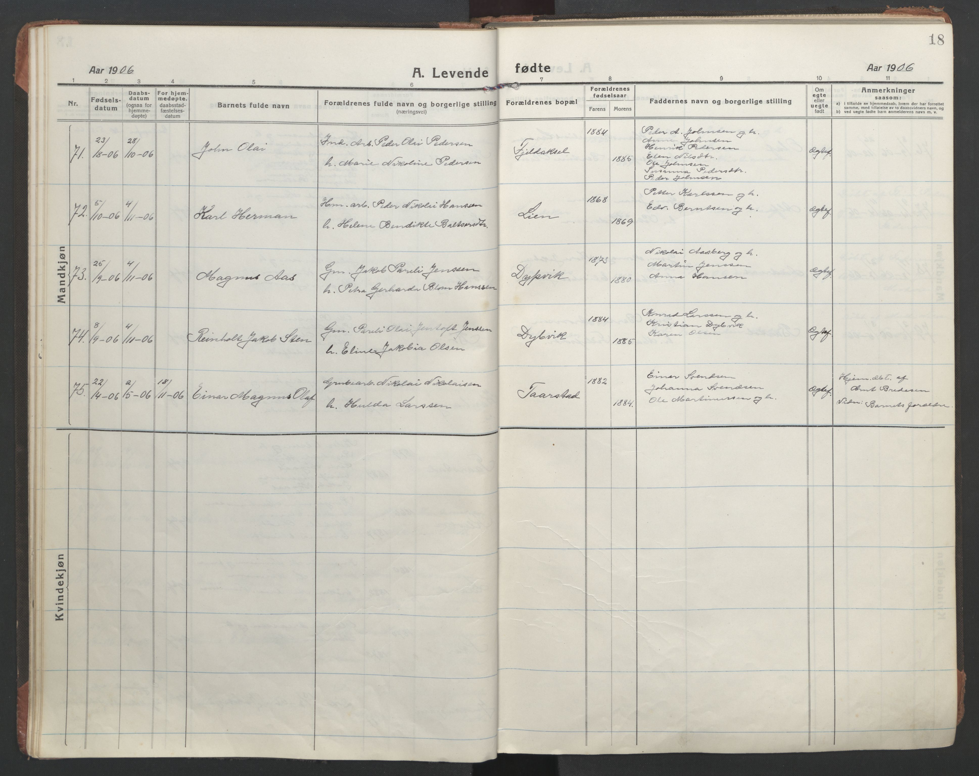 Ministerialprotokoller, klokkerbøker og fødselsregistre - Nordland, AV/SAT-A-1459/863/L0900: Parish register (official) no. 863A12, 1906-1915, p. 18