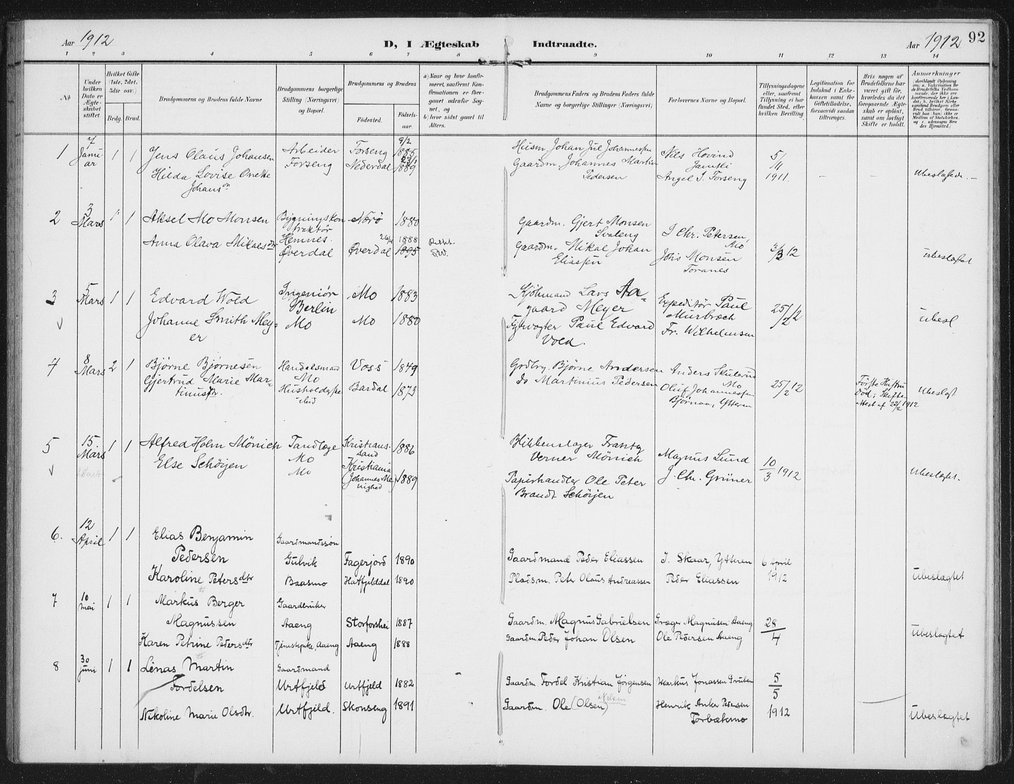 Ministerialprotokoller, klokkerbøker og fødselsregistre - Nordland, AV/SAT-A-1459/827/L0403: Parish register (official) no. 827A15, 1903-1912, p. 92