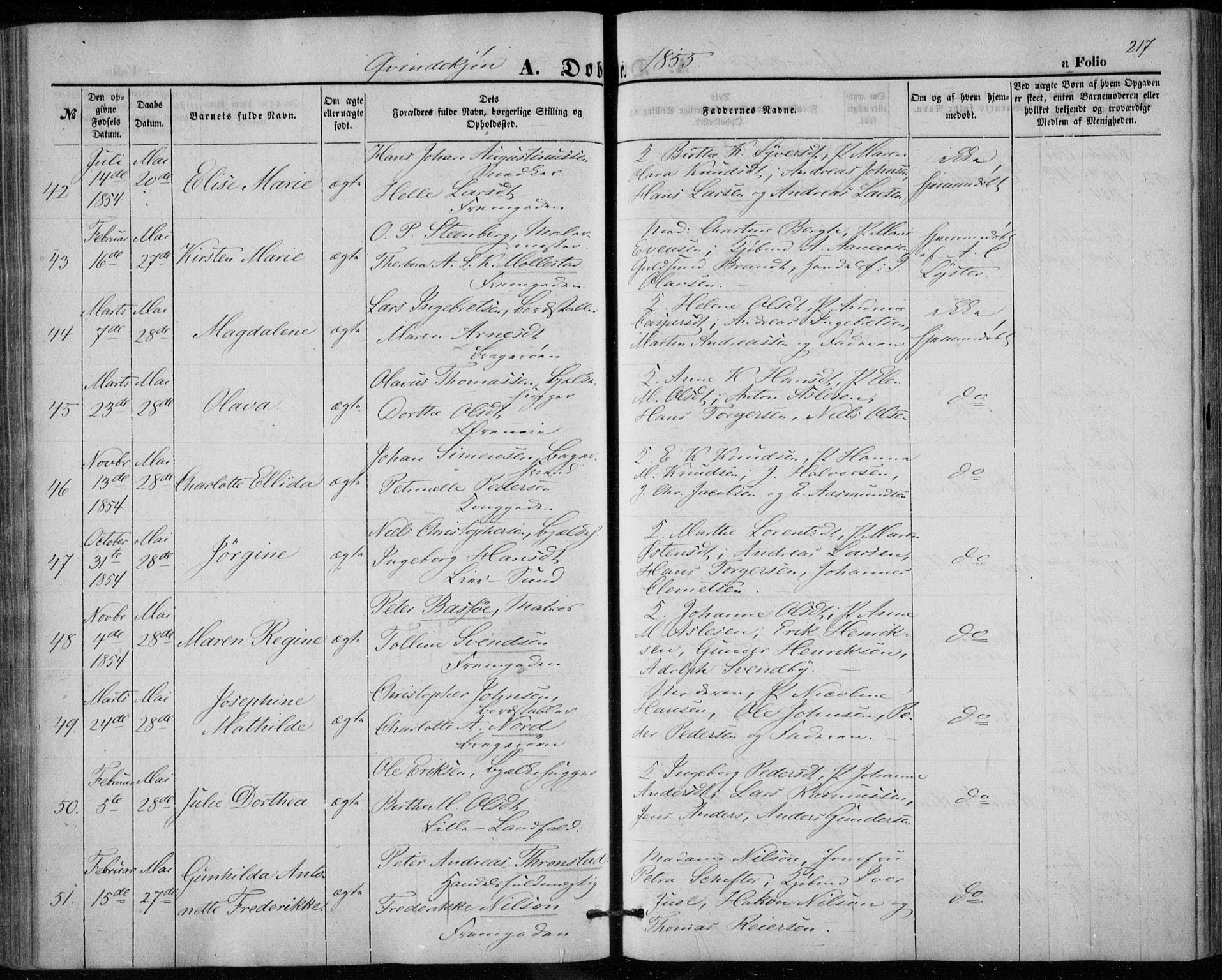 Bragernes kirkebøker, AV/SAKO-A-6/F/Fb/L0002: Parish register (official) no. II 2, 1848-1859, p. 217