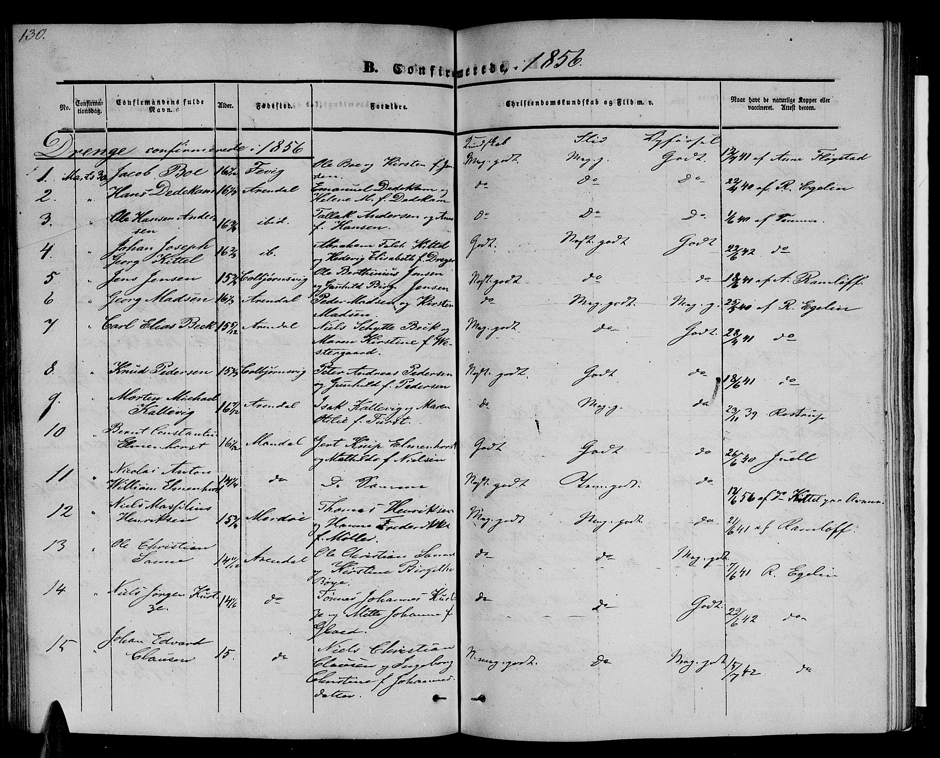 Arendal sokneprestkontor, Trefoldighet, SAK/1111-0040/F/Fb/L0002: Parish register (copy) no. B 2, 1838-1860, p. 130