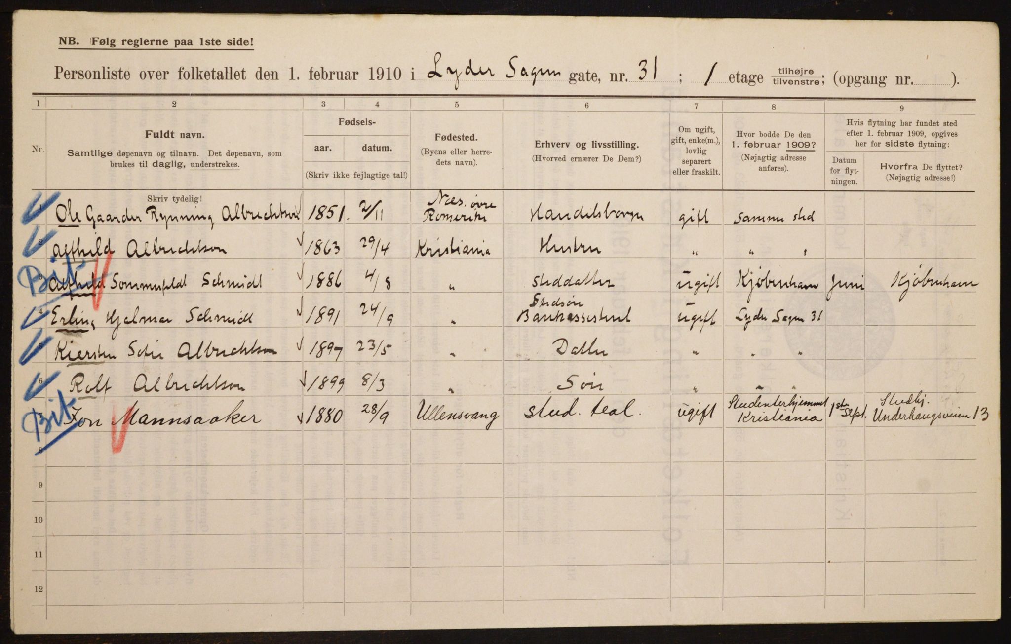 OBA, Municipal Census 1910 for Kristiania, 1910, p. 56540