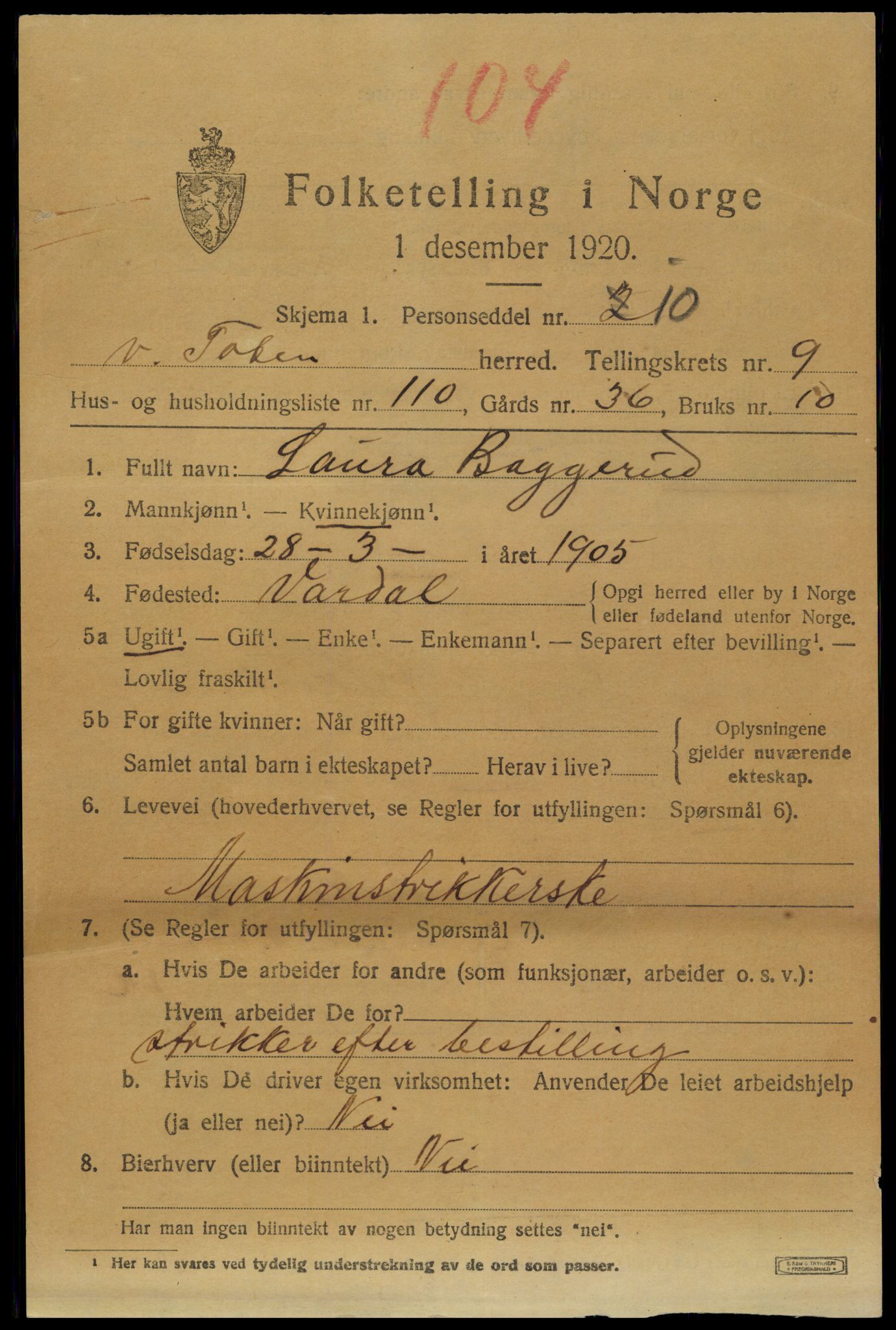 SAH, 1920 census for Vestre Toten, 1920, p. 12994