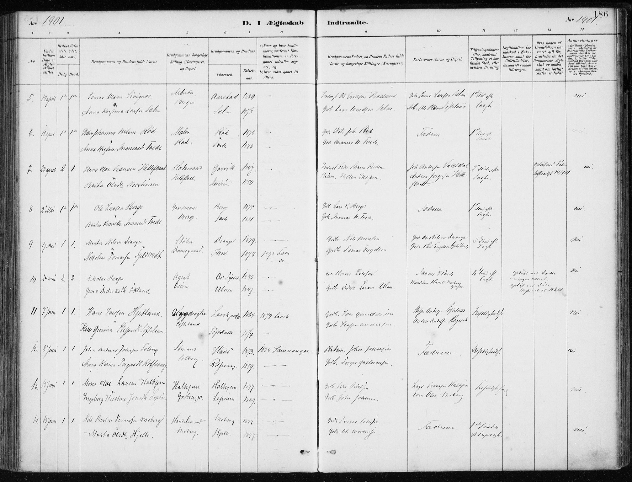 Os sokneprestembete, SAB/A-99929: Parish register (official) no. B 1, 1885-1902, p. 186