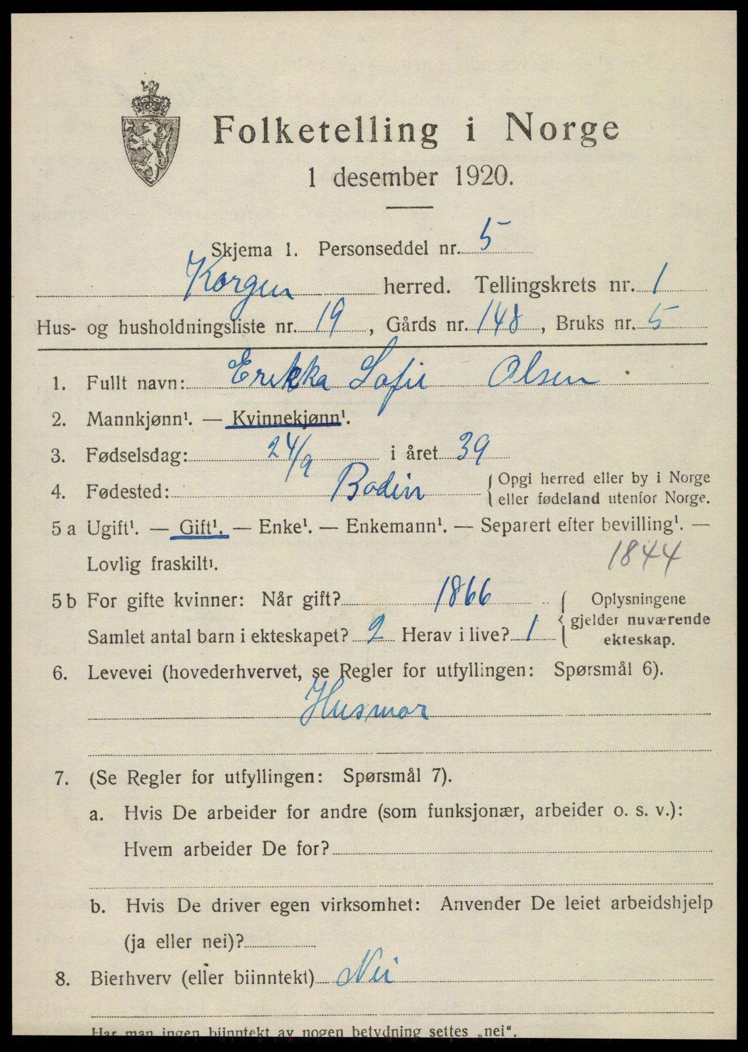 SAT, 1920 census for Korgen, 1920, p. 918
