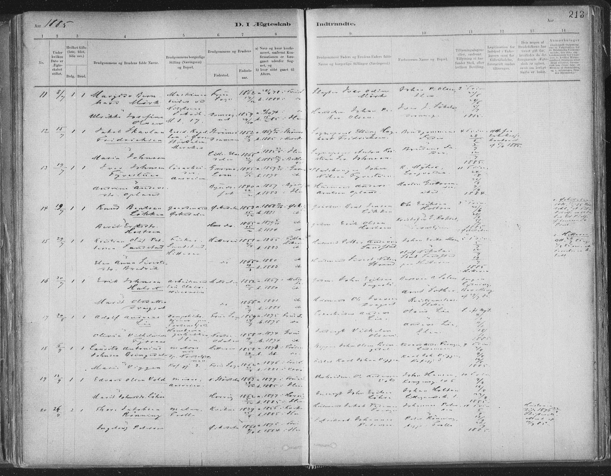 Ministerialprotokoller, klokkerbøker og fødselsregistre - Sør-Trøndelag, AV/SAT-A-1456/603/L0162: Parish register (official) no. 603A01, 1879-1895, p. 213