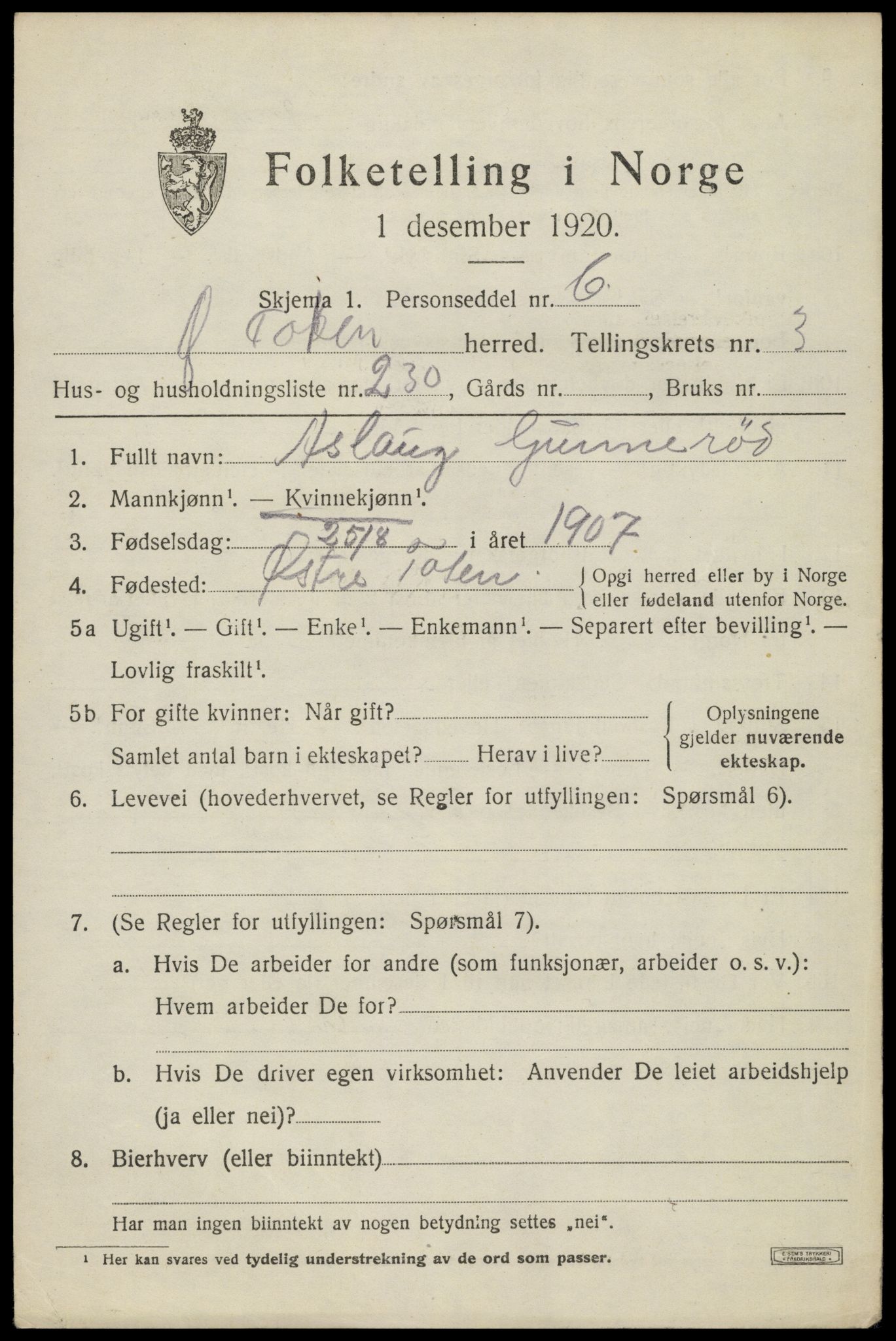 SAH, 1920 census for Østre Toten, 1920, p. 8566