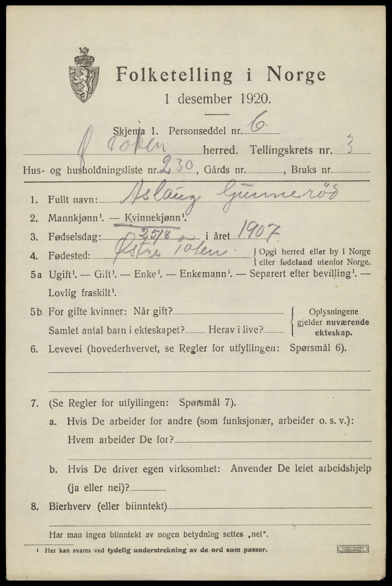 SAH, 1920 census for Østre Toten, 1920, p. 8566