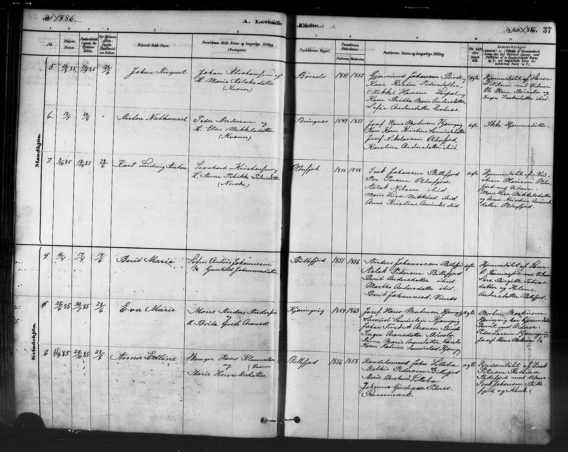 Kistrand/Porsanger sokneprestembete, AV/SATØ-S-1351/H/Ha/L0007.kirke: Parish register (official) no. 7, 1881-1889, p. 37