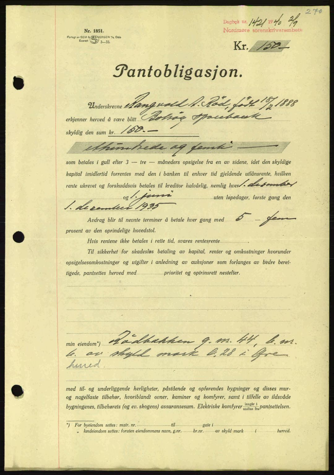 Nordmøre sorenskriveri, AV/SAT-A-4132/1/2/2Ca: Mortgage book no. B87, 1940-1941, Diary no: : 1421/1940