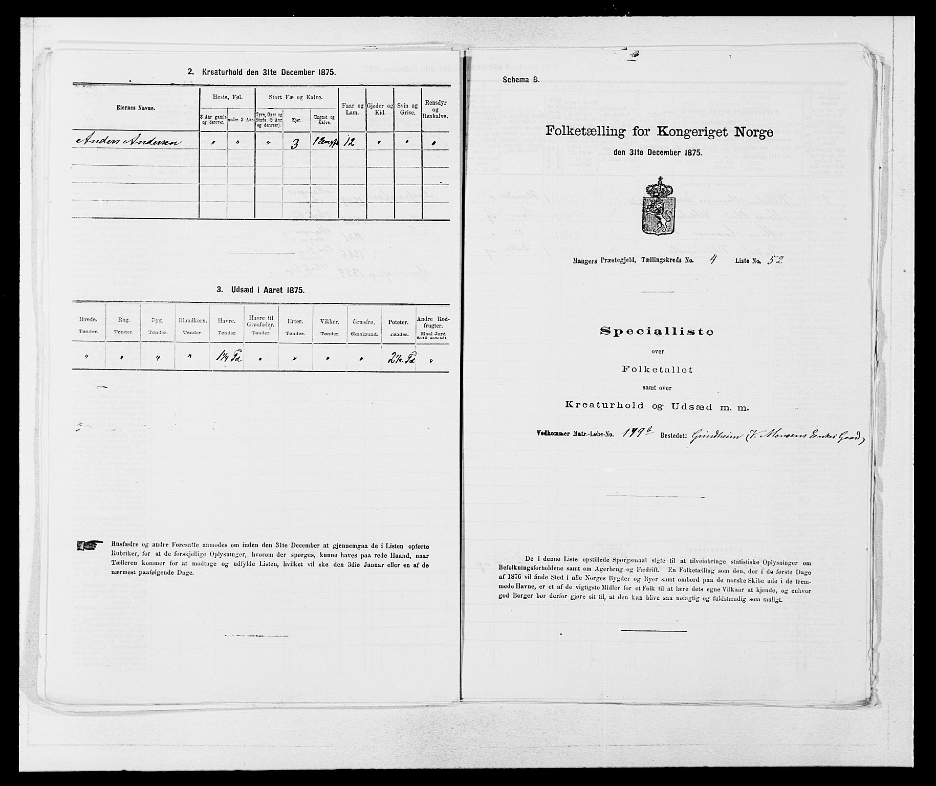 SAB, 1875 census for 1261P Manger, 1875, p. 615