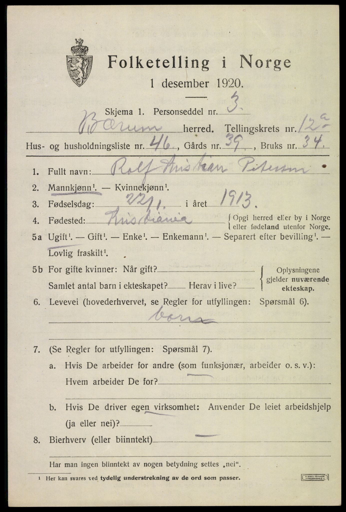 SAO, 1920 census for Bærum, 1920, p. 26508