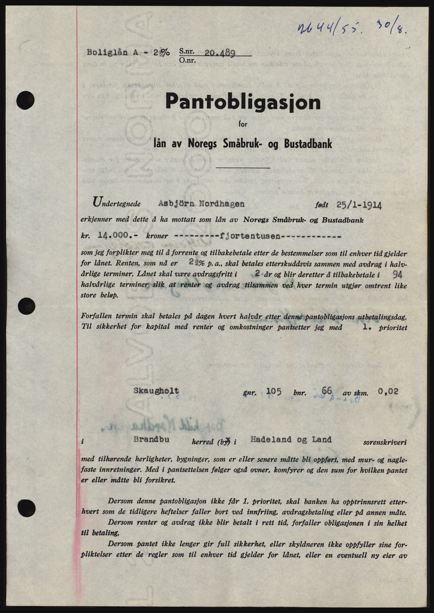 Hadeland og Land tingrett, AV/SAH-TING-010/H/Hb/Hbc/L0032: Mortgage book no. B32, 1955-1955, Diary no: : 2644/1955