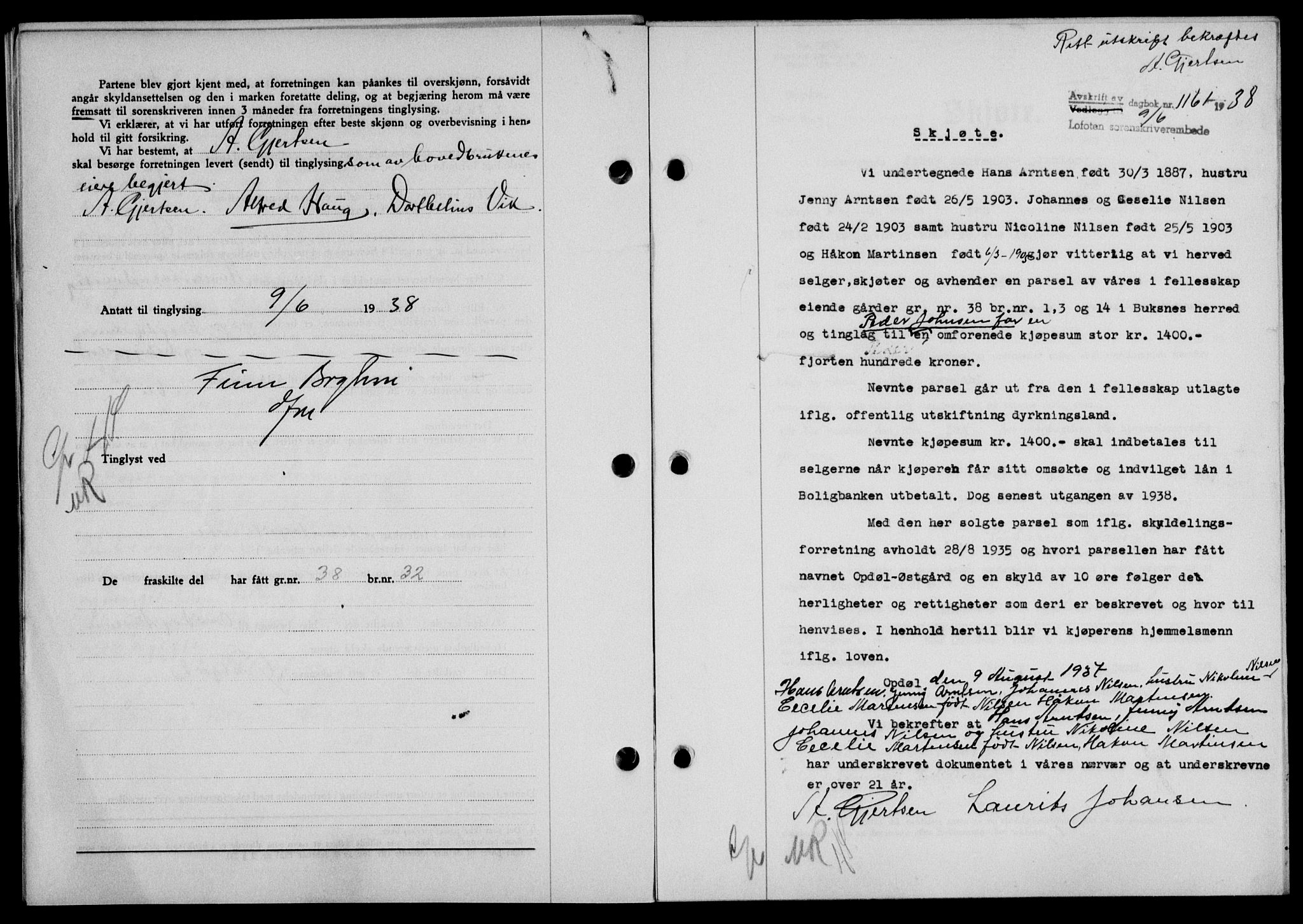 Lofoten sorenskriveri, SAT/A-0017/1/2/2C/L0004a: Mortgage book no. 4a, 1938-1938, Diary no: : 1161/1938