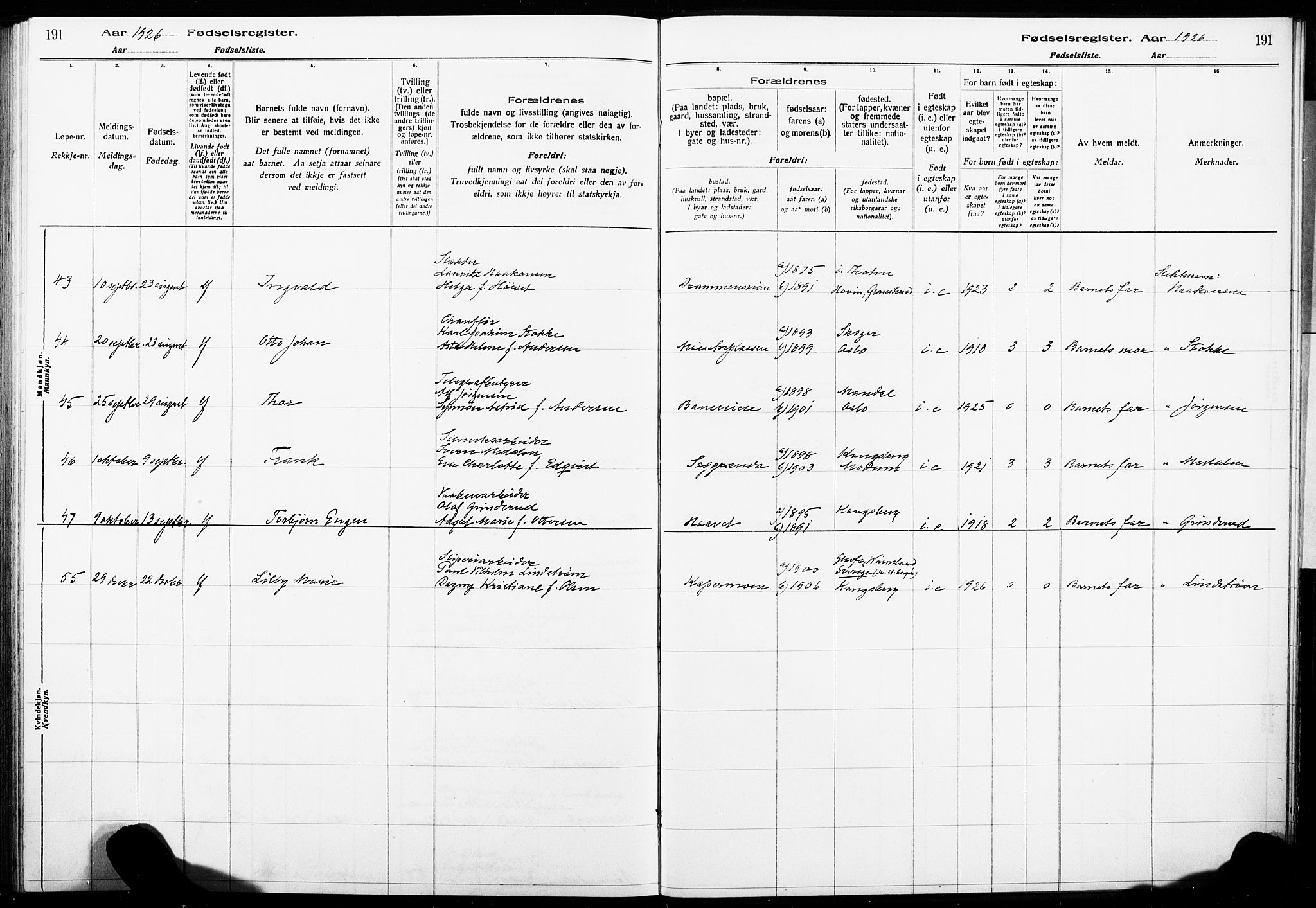 Kongsberg kirkebøker, AV/SAKO-A-22/J/Ja/L0001: Birth register no. I 1, 1916-1927, p. 191