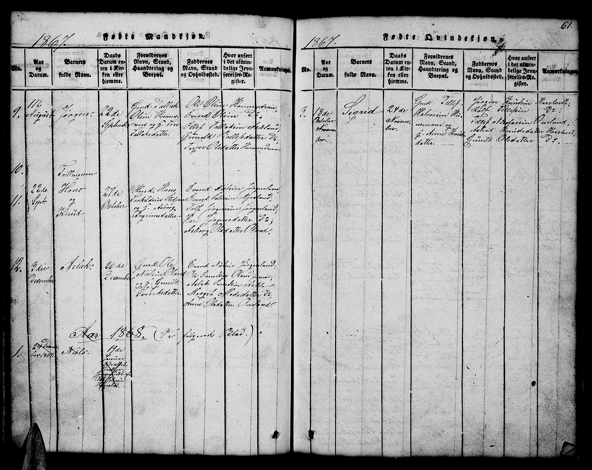 Åmli sokneprestkontor, AV/SAK-1111-0050/F/Fb/Fba/L0001: Parish register (copy) no. B 1, 1816-1890, p. 61