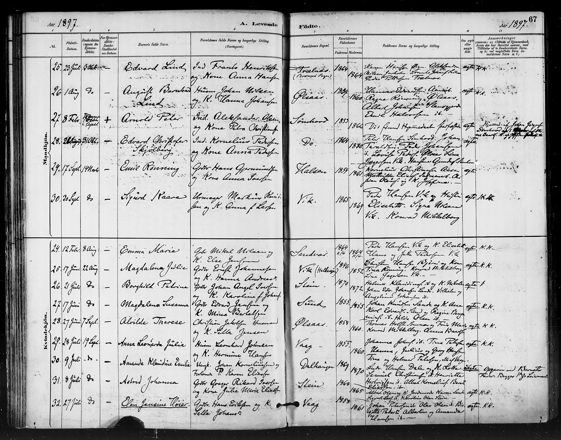 Ministerialprotokoller, klokkerbøker og fødselsregistre - Nordland, AV/SAT-A-1459/812/L0178: Parish register (official) no. 812A07, 1886-1900, p. 67
