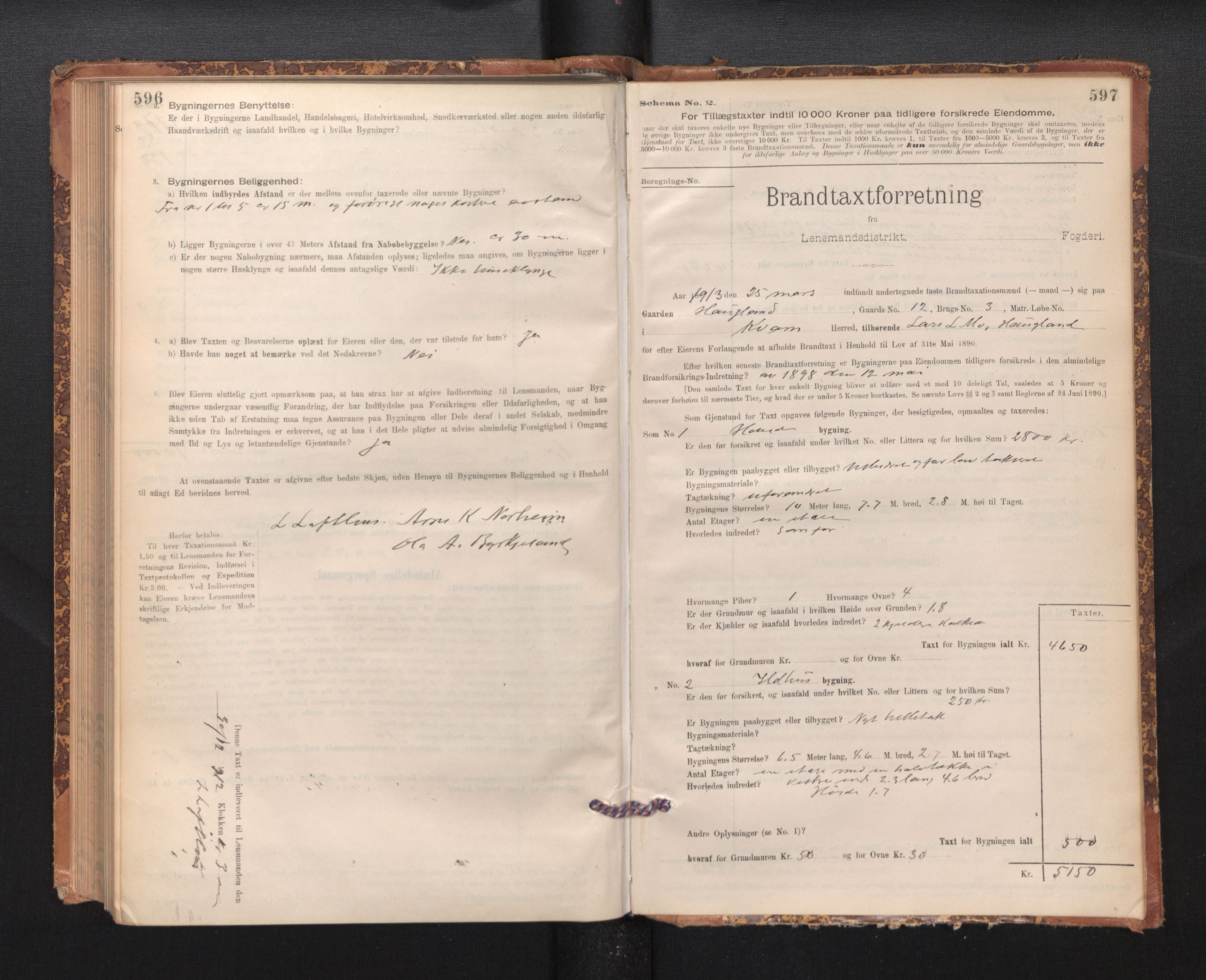 Lensmannen i Kvam, SAB/A-33201/0012/L0005: Branntakstprotokoll, skjematakst, 1894-1913, p. 596-597