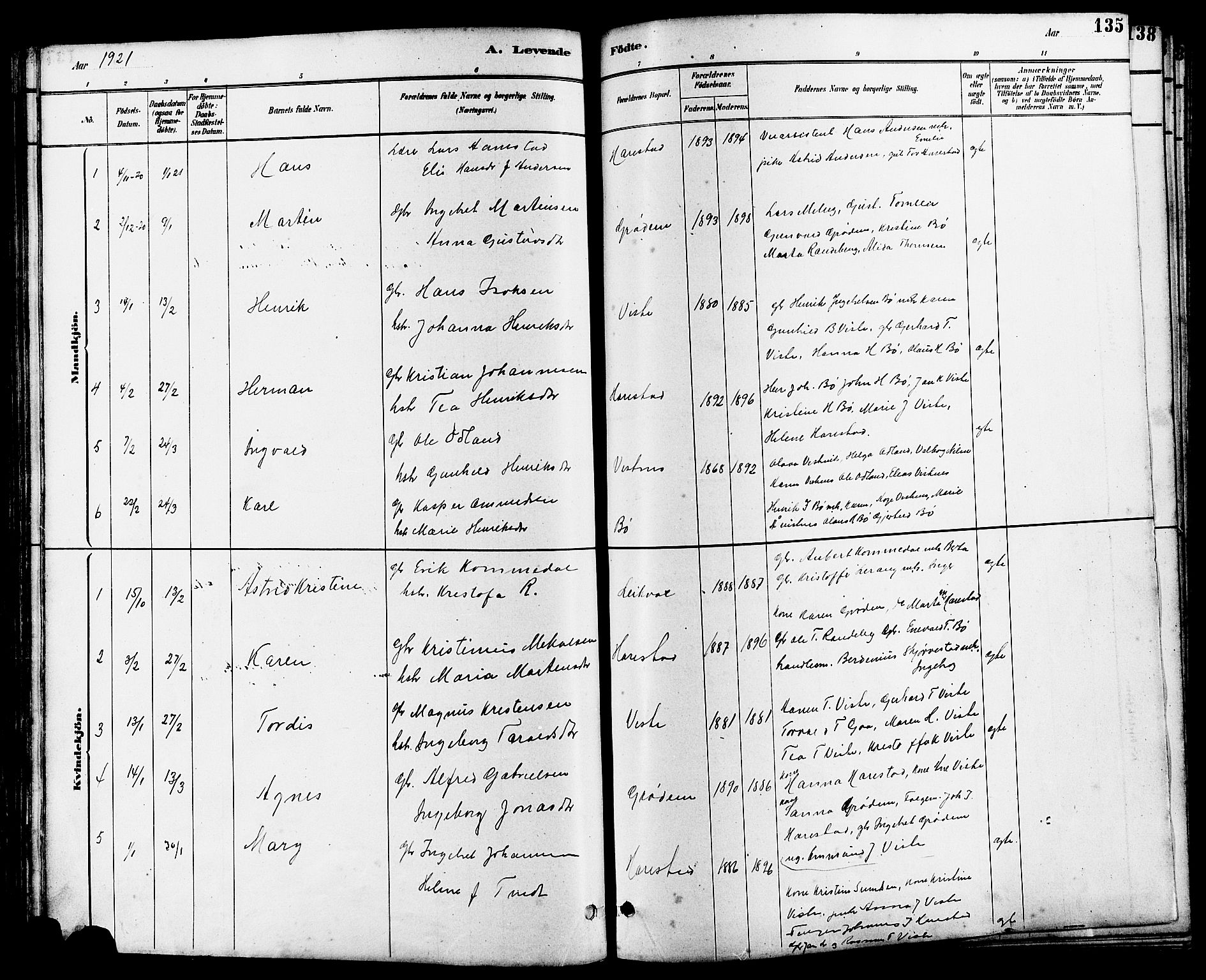 Hetland sokneprestkontor, AV/SAST-A-101826/30/30BB/L0006: Parish register (copy) no. B 6, 1878-1921, p. 135