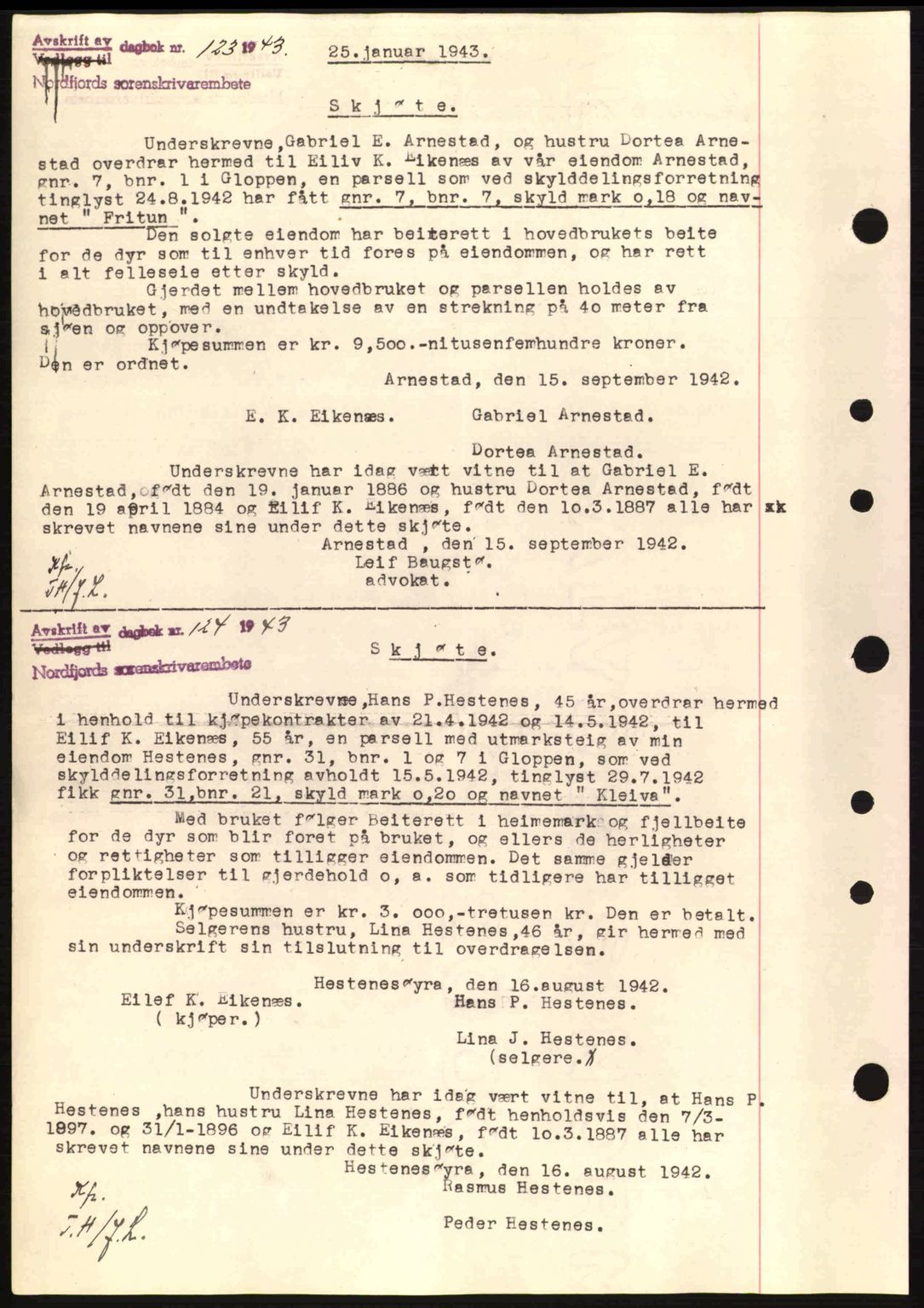 Nordfjord sorenskriveri, SAB/A-2801/02/02b/02bj/L0007: Mortgage book no. A7, 1941-1943, Diary no: : 122/1943