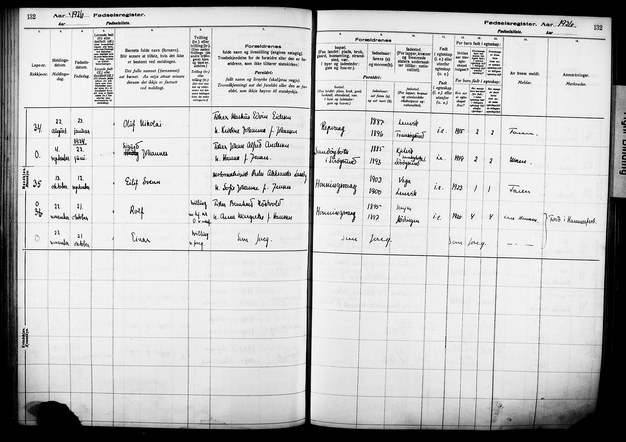 Kjelvik/Nordkapp sokneprestkontor, AV/SATØ-S-1350/I/Ia/L0015: Birth register no. 15, 1916-1930, p. 132