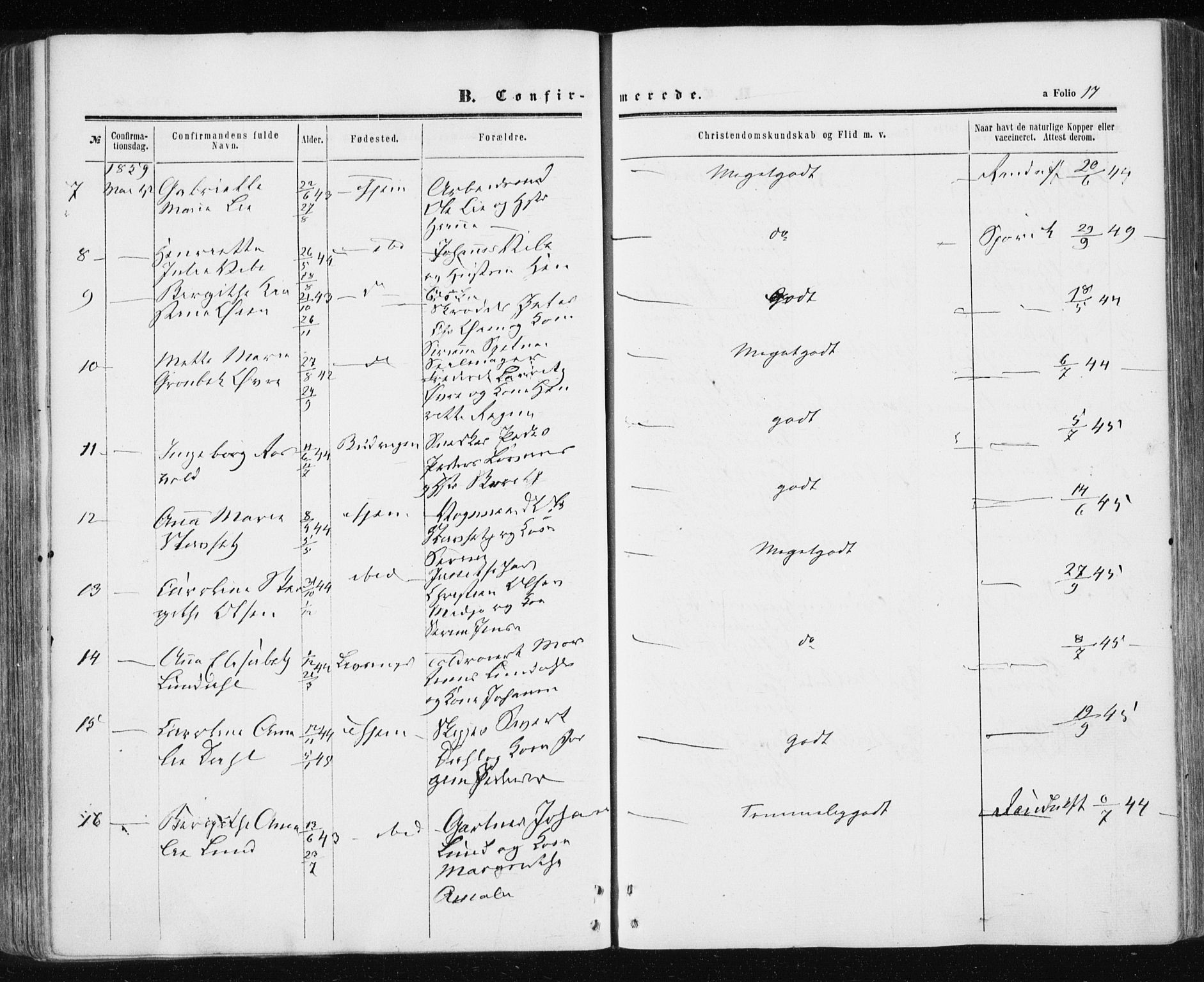 Ministerialprotokoller, klokkerbøker og fødselsregistre - Sør-Trøndelag, SAT/A-1456/601/L0053: Parish register (official) no. 601A21, 1857-1865, p. 17