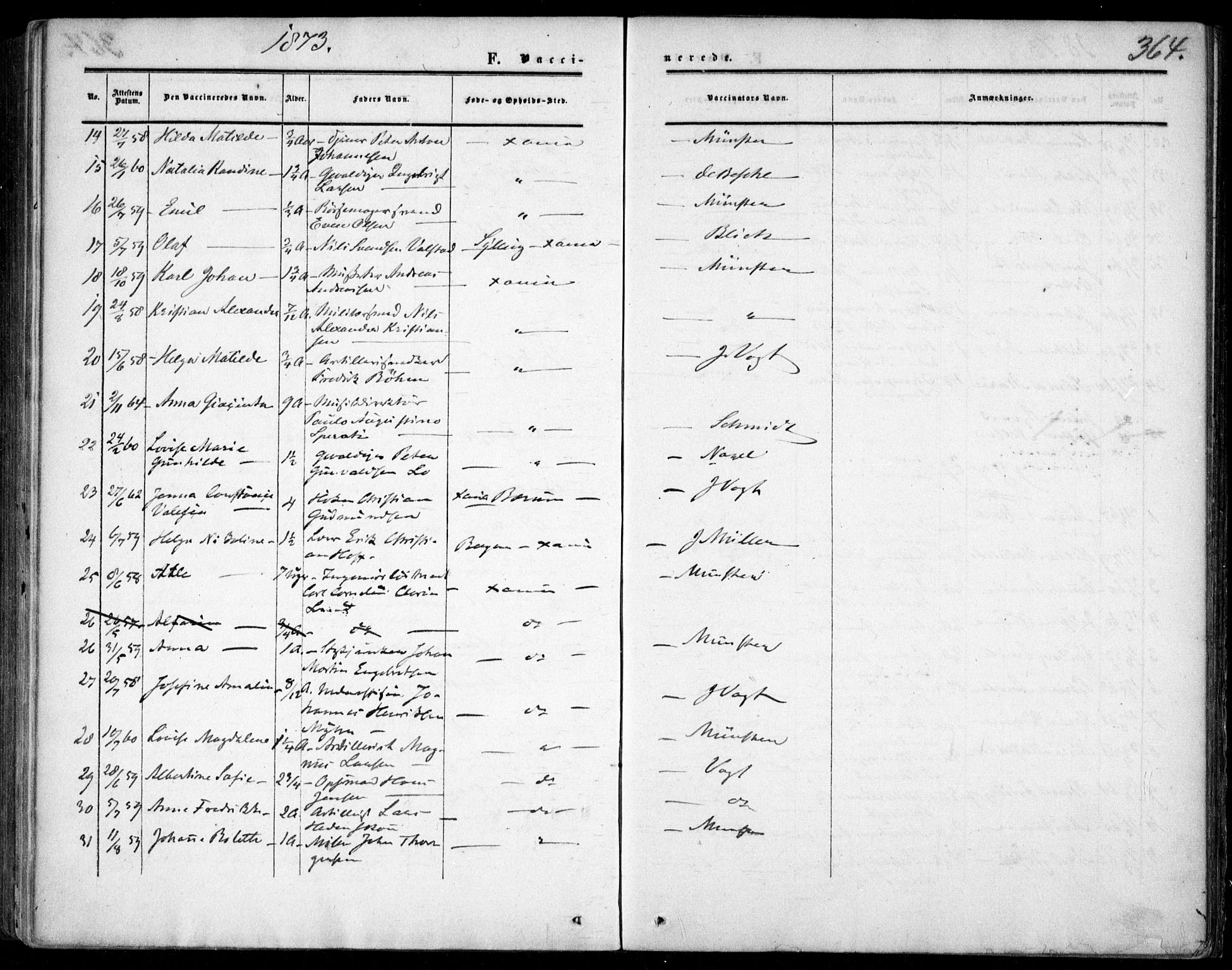 Garnisonsmenigheten Kirkebøker, AV/SAO-A-10846/F/Fa/L0011: Parish register (official) no. 11, 1870-1880, p. 364