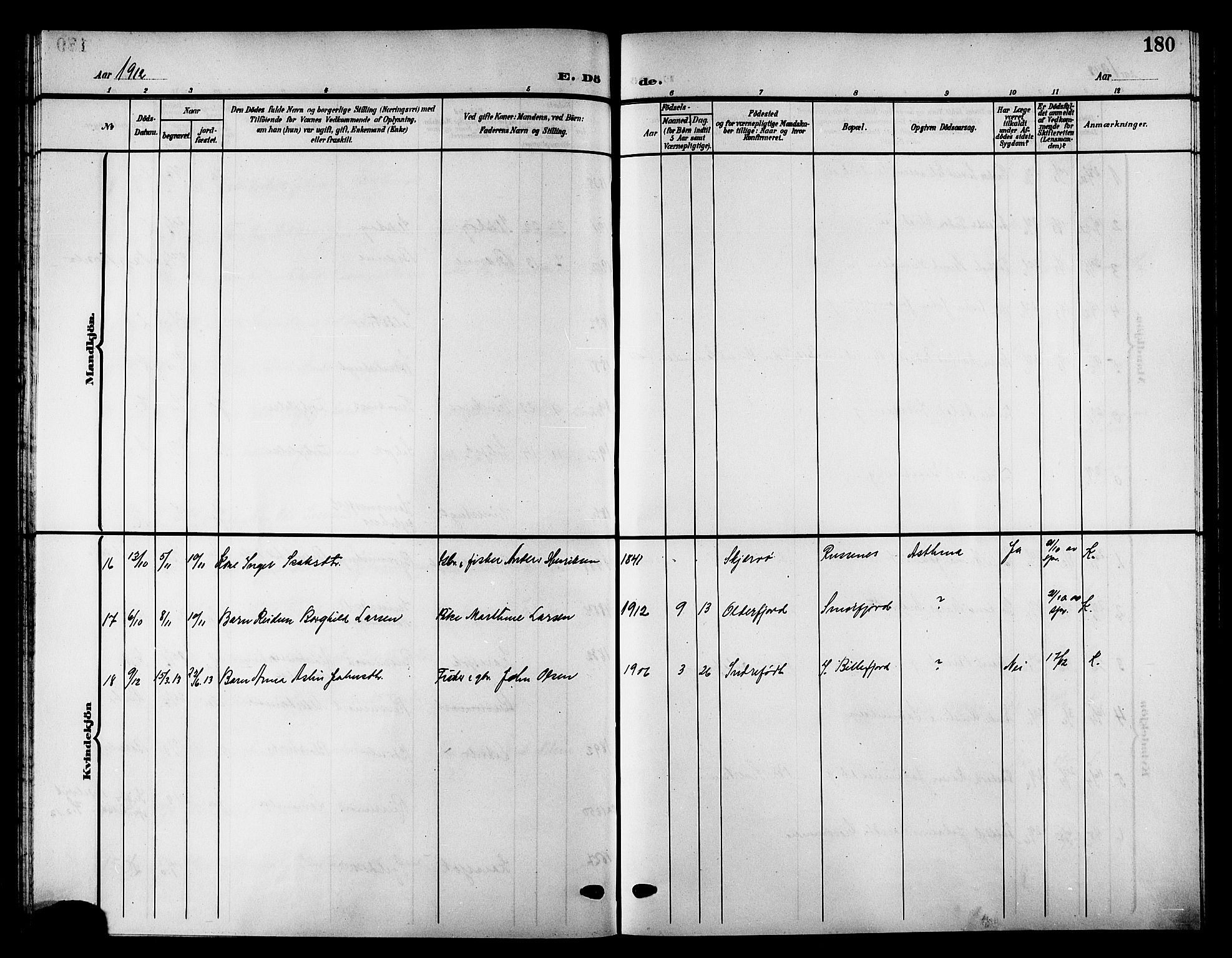 Kistrand/Porsanger sokneprestembete, AV/SATØ-S-1351/H/Hb/L0006.klokk: Parish register (copy) no. 6, 1905-1917, p. 180