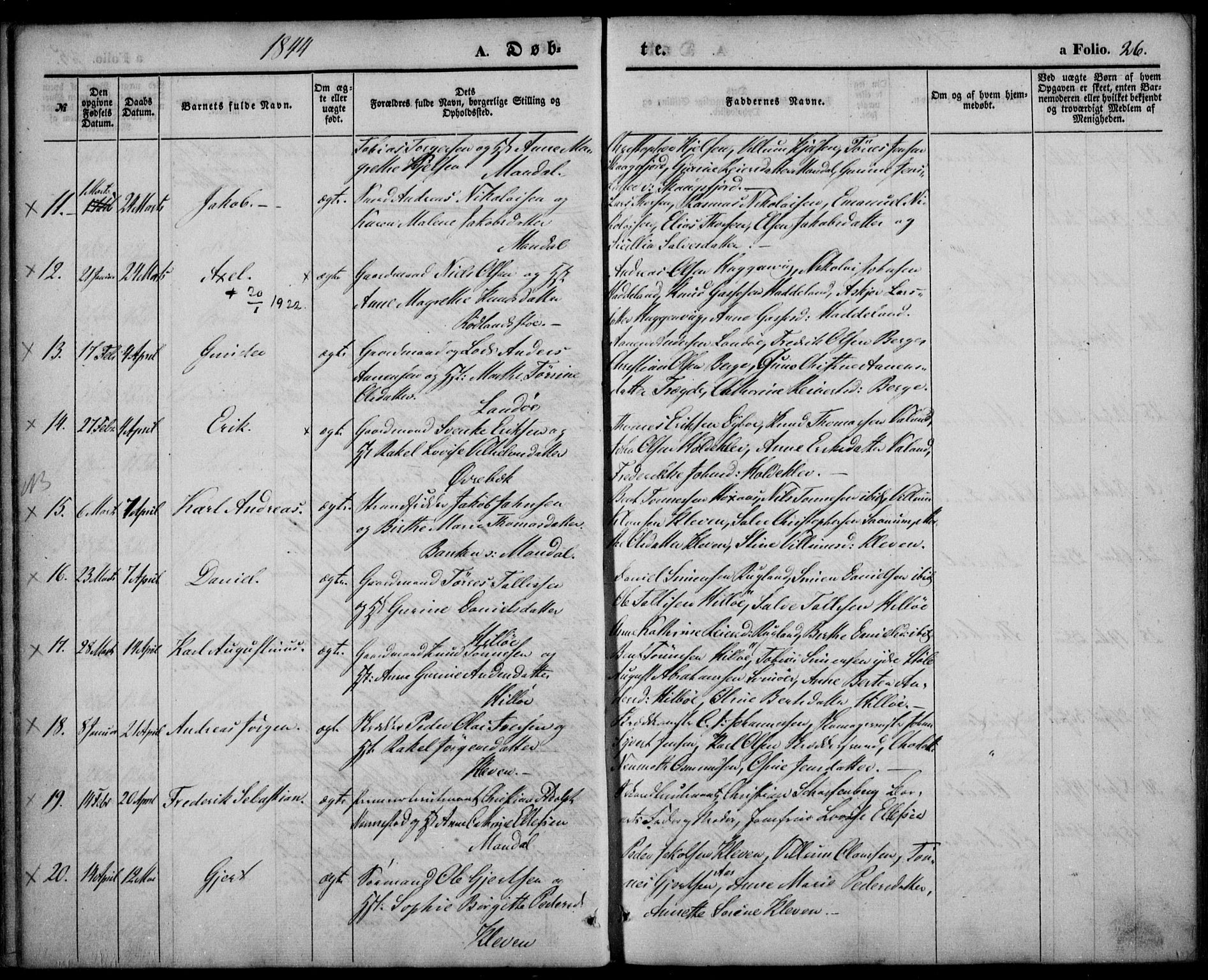 Mandal sokneprestkontor, SAK/1111-0030/F/Fa/Faa/L0012: Parish register (official) no. A 12, 1840-1847, p. 26