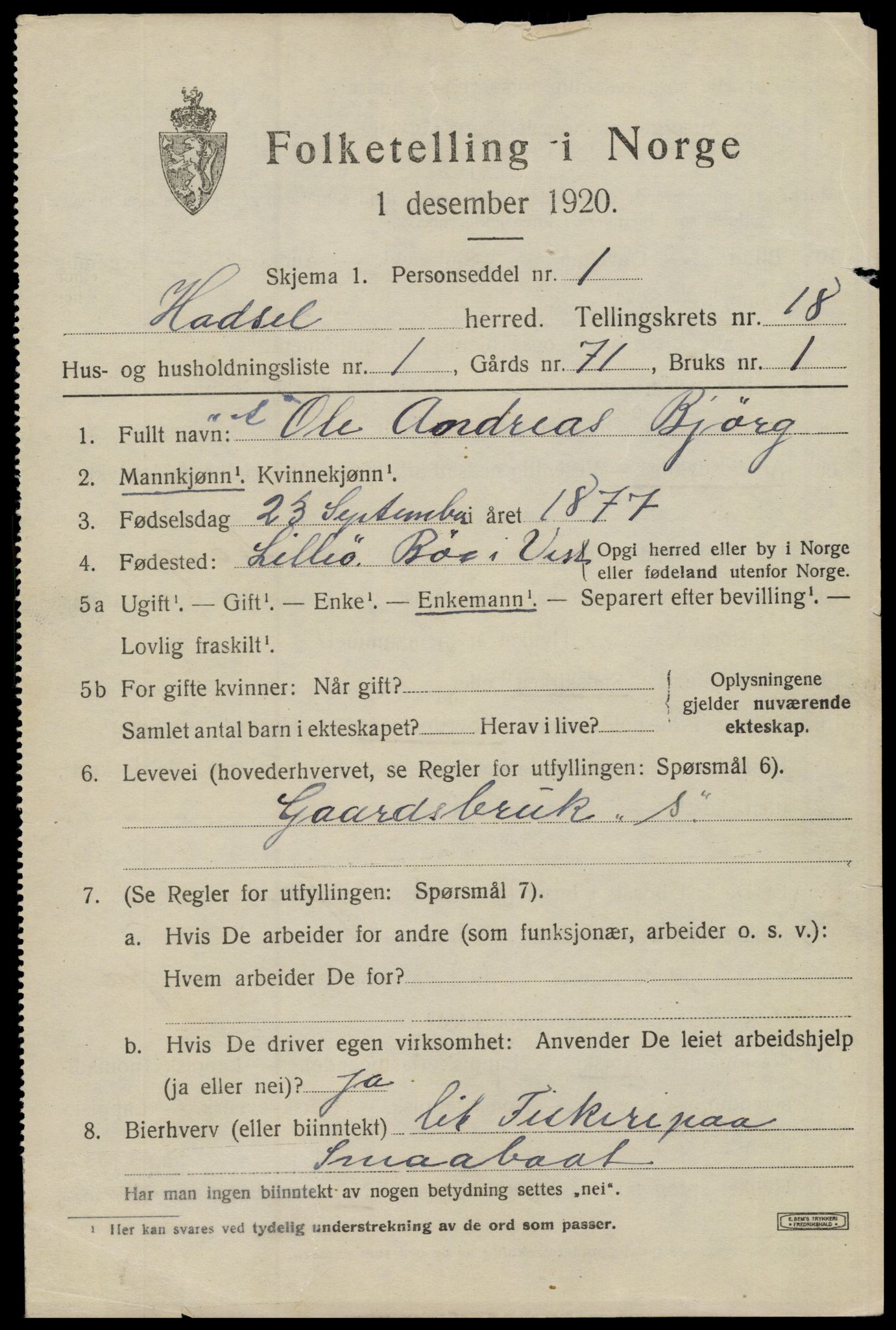 SAT, 1920 census for Hadsel, 1920, p. 16484