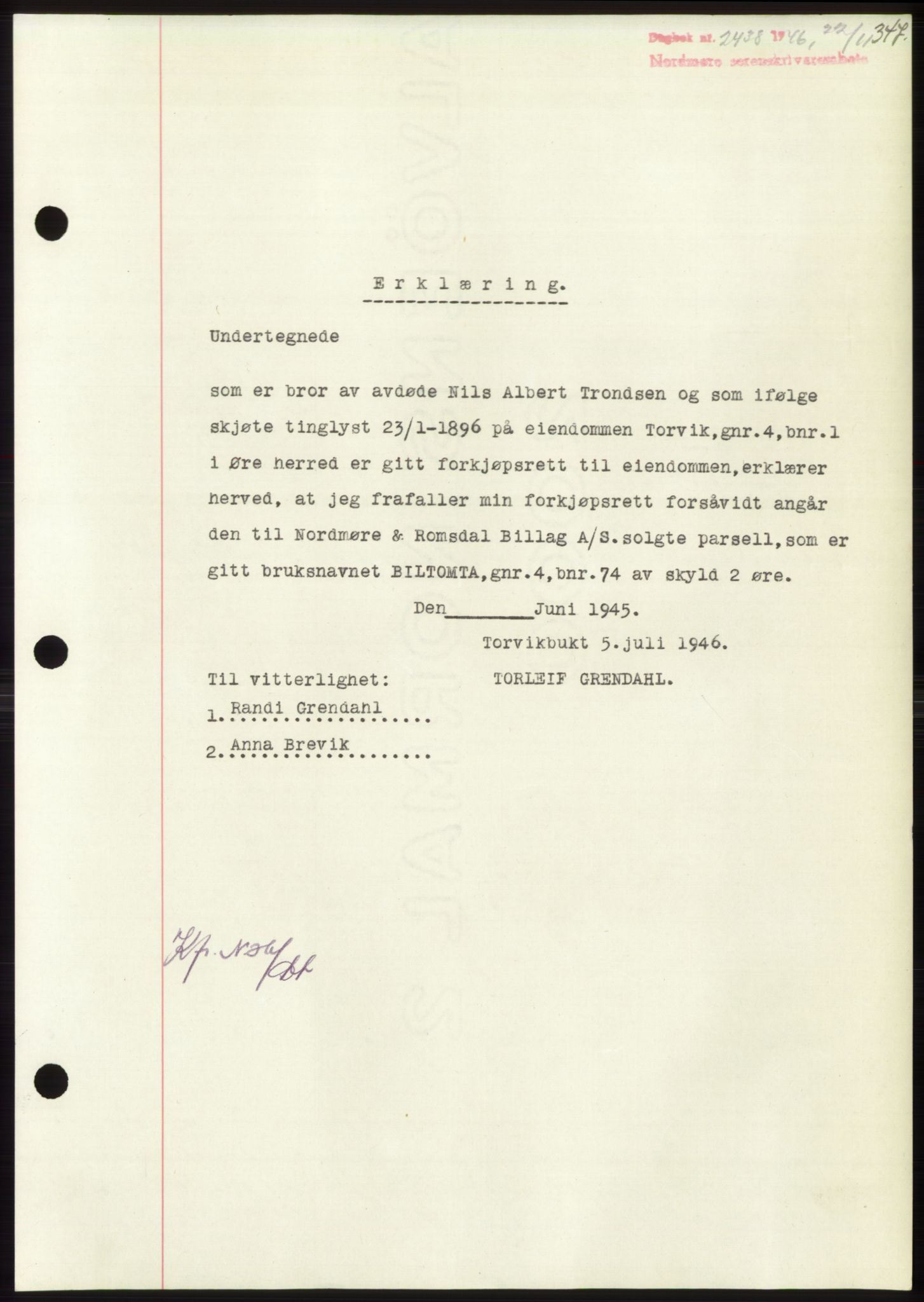 Nordmøre sorenskriveri, AV/SAT-A-4132/1/2/2Ca: Mortgage book no. B95, 1946-1947, Diary no: : 2438/1946