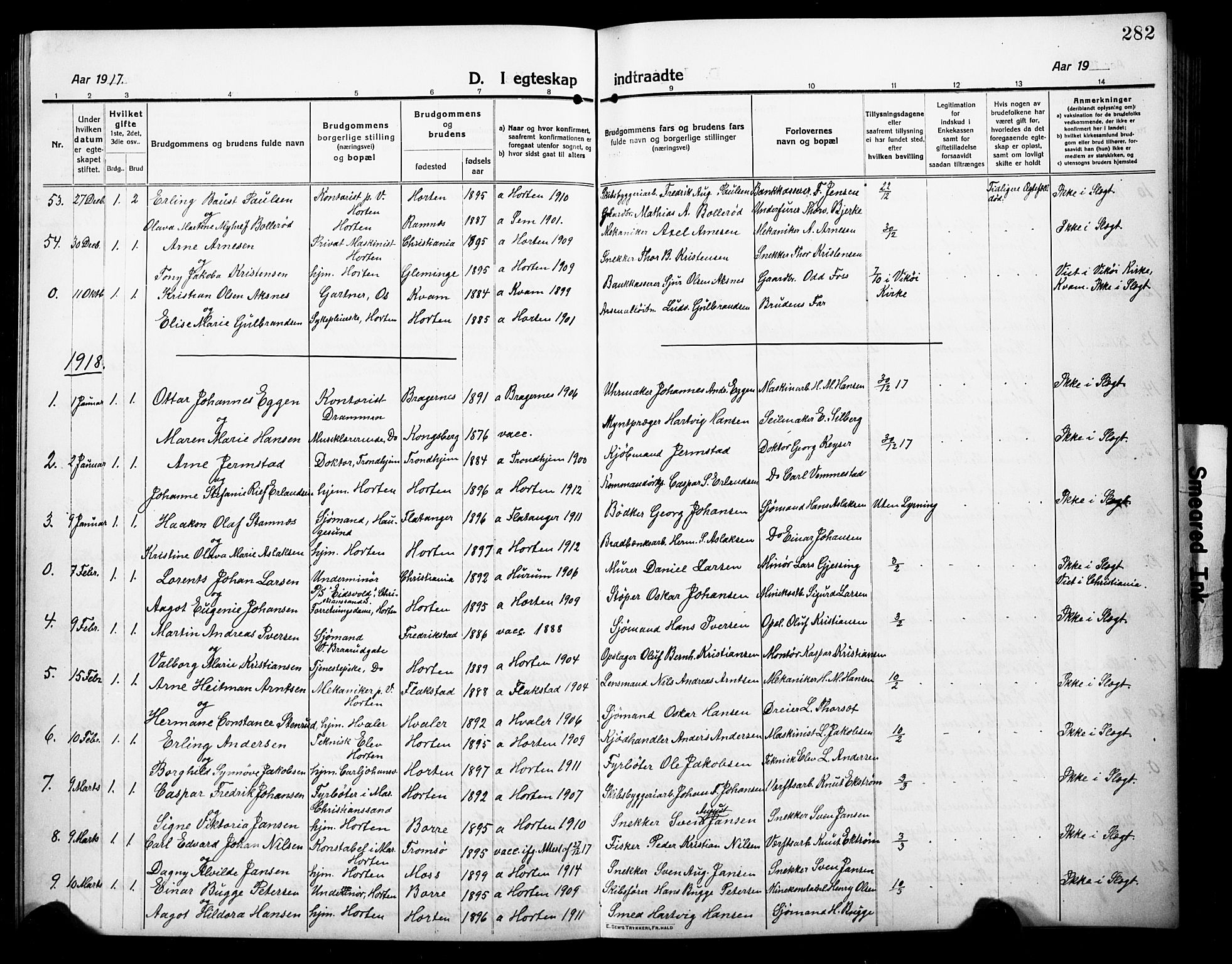 Horten kirkebøker, AV/SAKO-A-348/G/Ga/L0008: Parish register (copy) no. 8, 1916-1926, p. 282