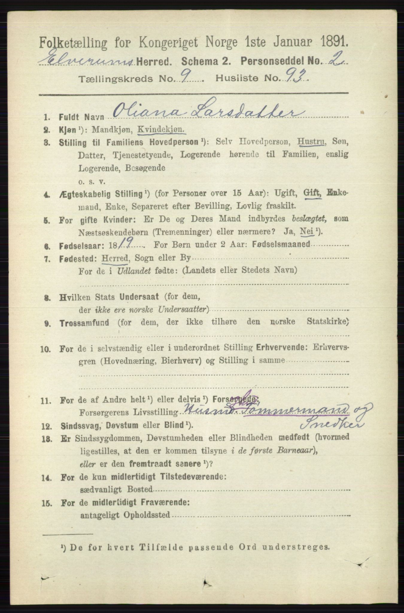 RA, 1891 census for 0427 Elverum, 1891, p. 8076