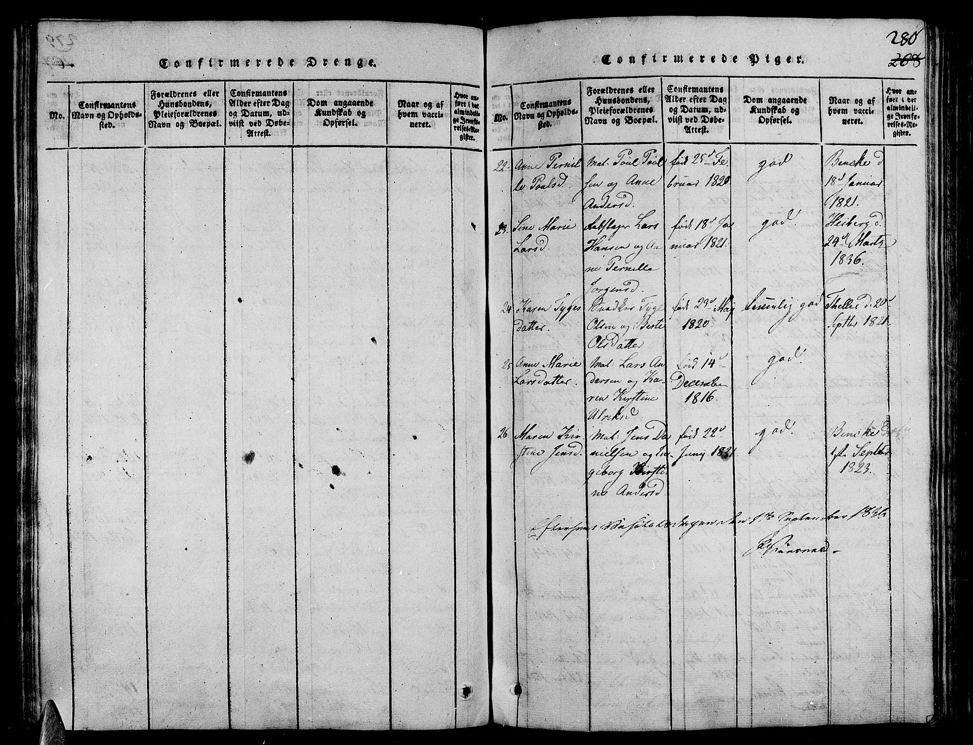 Stavern kirkebøker, AV/SAKO-A-318/G/Ga/L0001: Parish register (copy) no. 1, 1817-1841, p. 280