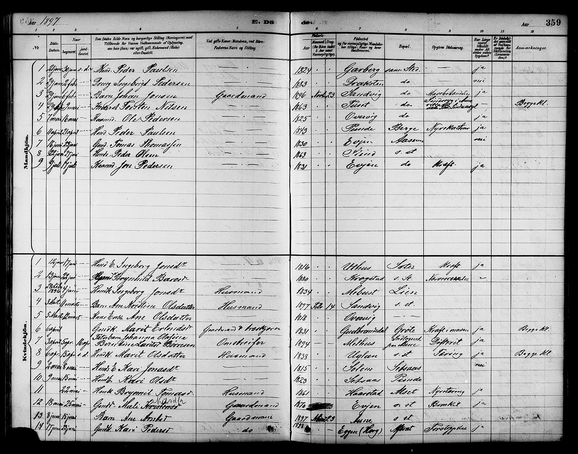 Ministerialprotokoller, klokkerbøker og fødselsregistre - Sør-Trøndelag, SAT/A-1456/695/L1157: Parish register (copy) no. 695C08, 1889-1913, p. 359