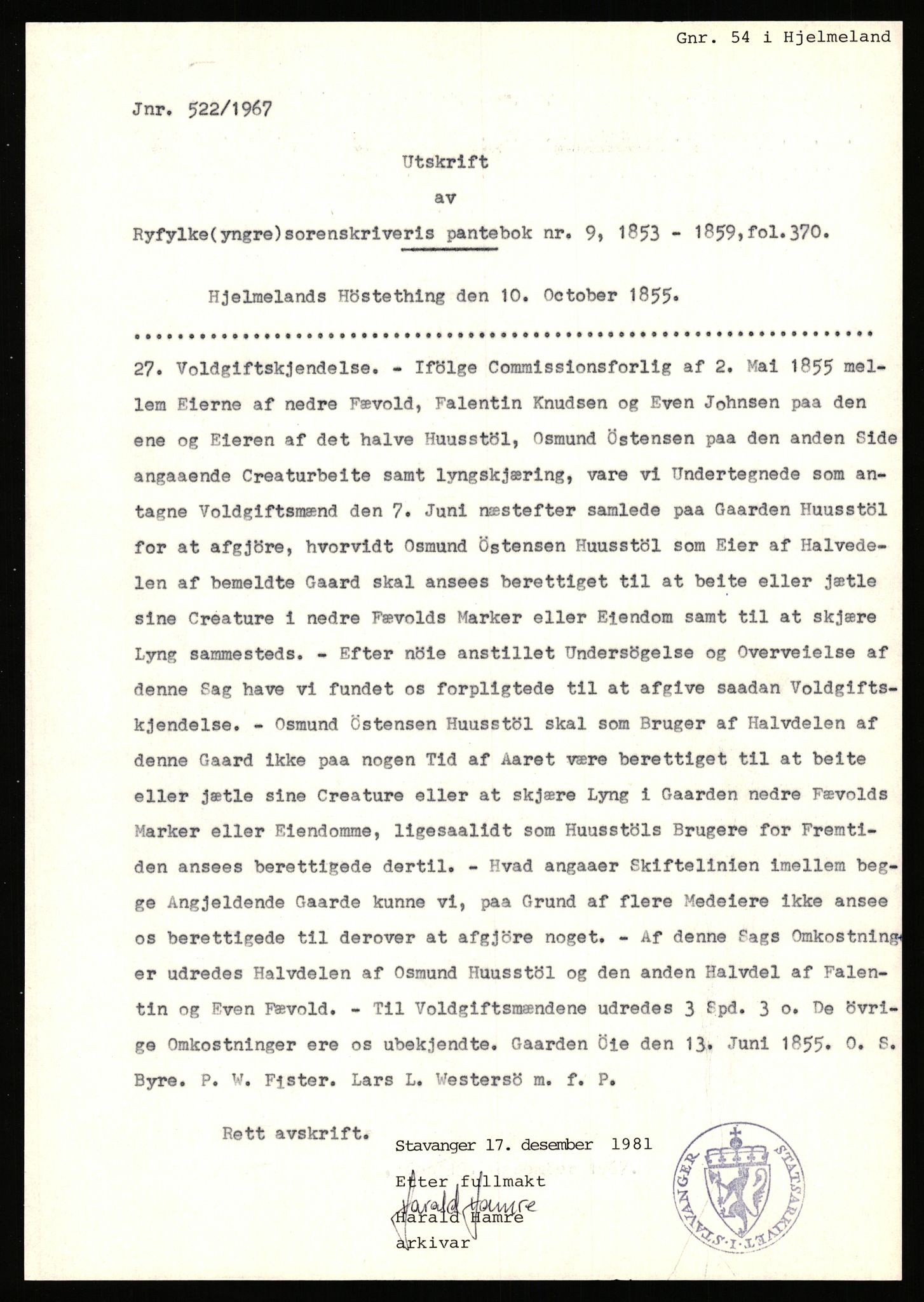 Statsarkivet i Stavanger, AV/SAST-A-101971/03/Y/Yj/L0020: Avskrifter sortert etter gårdsnavn: Fevold nedre - Fister øvre, 1750-1930, p. 10