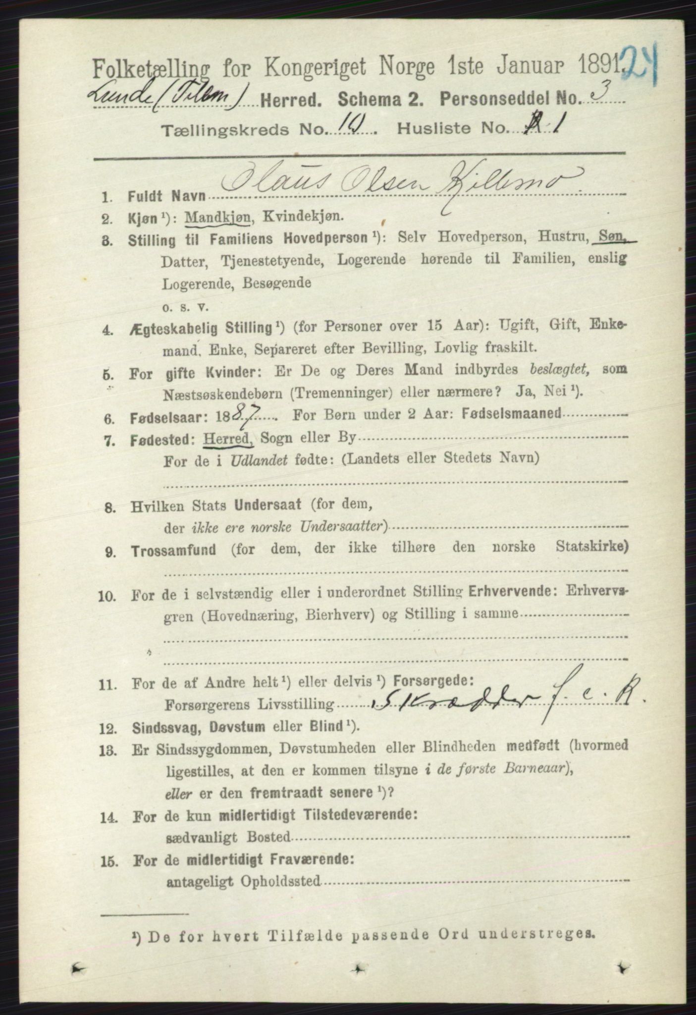 RA, 1891 census for 0820 Lunde, 1891, p. 2884