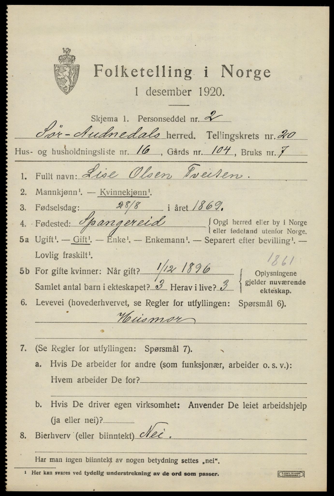 SAK, 1920 census for Sør-Audnedal, 1920, p. 6847