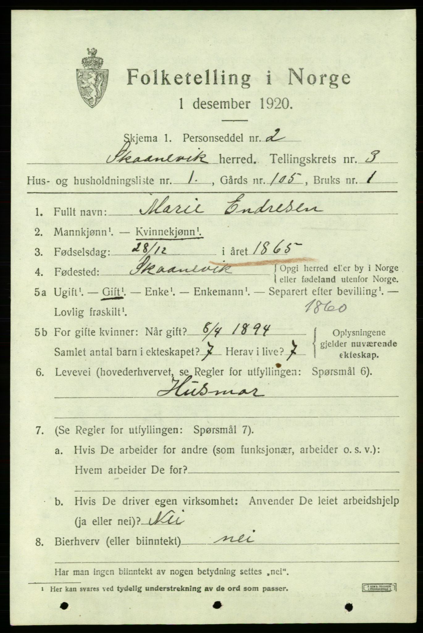 SAB, 1920 census for Skånevik, 1920, p. 2791