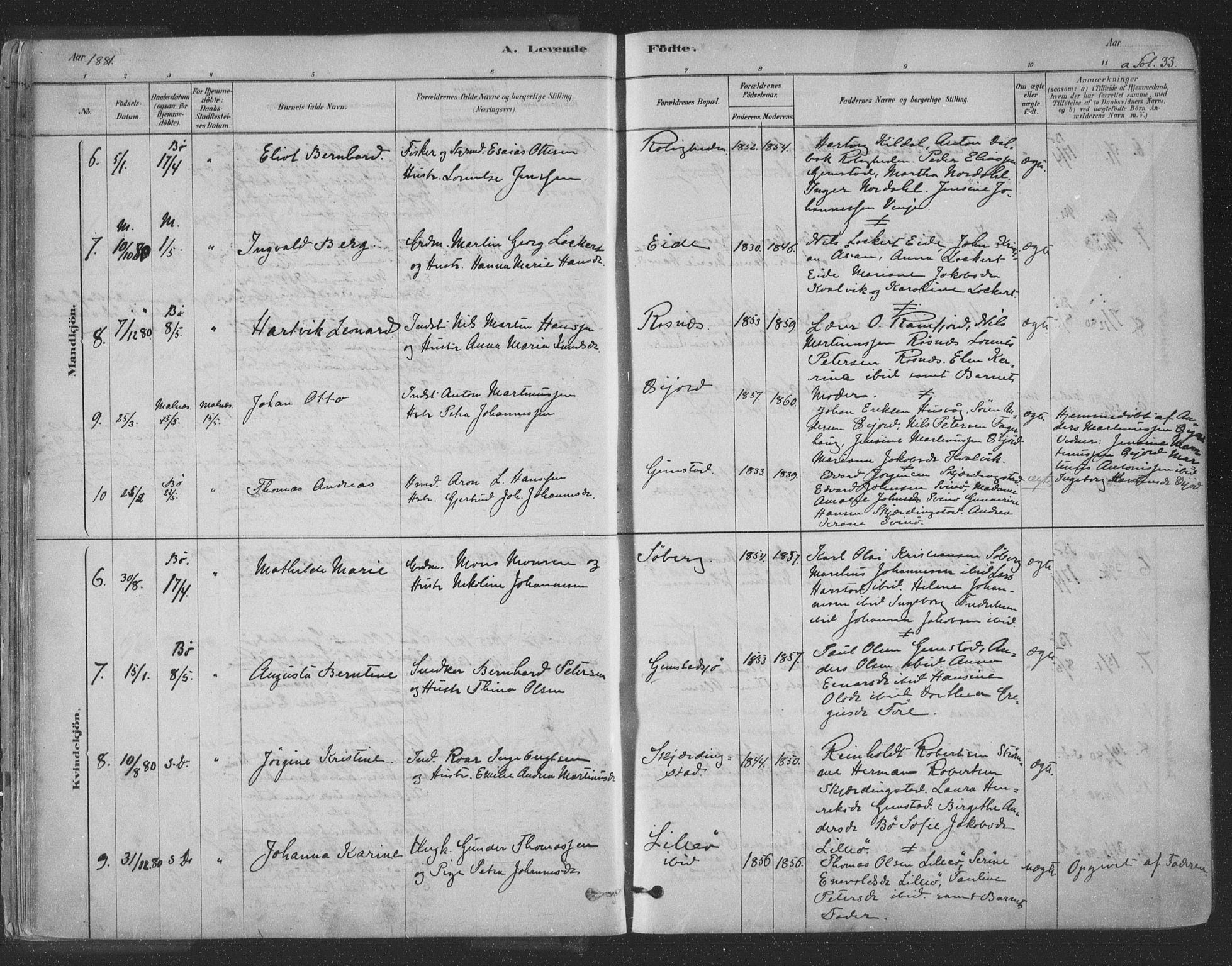 Ministerialprotokoller, klokkerbøker og fødselsregistre - Nordland, SAT/A-1459/891/L1302: Parish register (official) no. 891A07, 1878-1895, p. 33