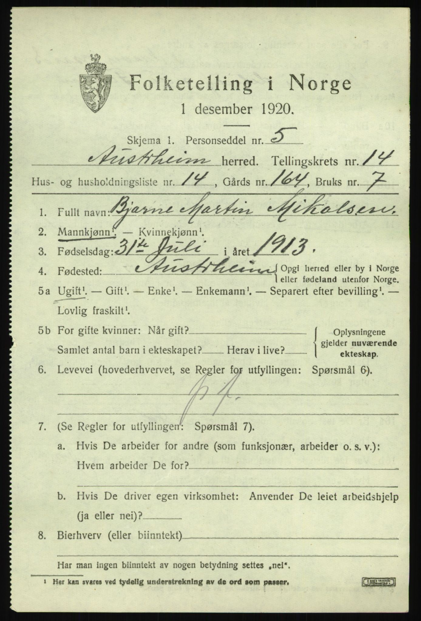 SAB, 1920 census for Austrheim, 1920, p. 4920