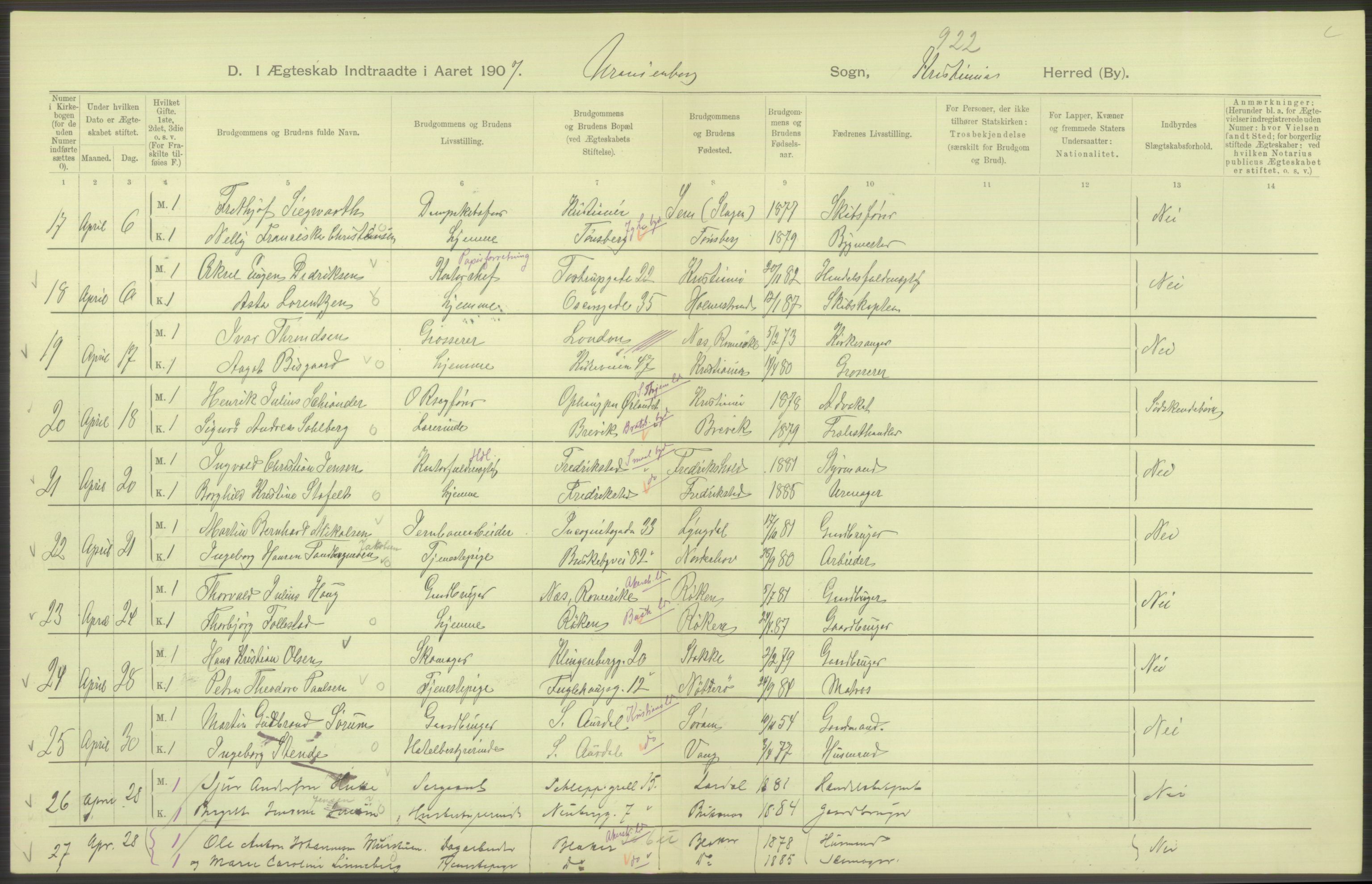 Statistisk sentralbyrå, Sosiodemografiske emner, Befolkning, AV/RA-S-2228/D/Df/Dfa/Dfae/L0008: Kristiania: Gifte, 1907, p. 522