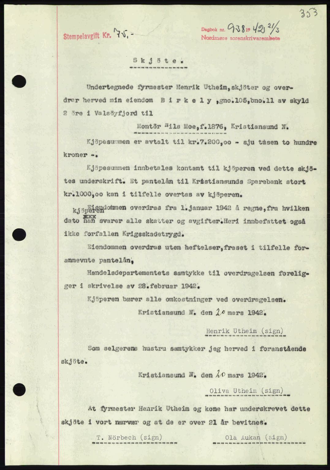 Nordmøre sorenskriveri, AV/SAT-A-4132/1/2/2Ca: Mortgage book no. A92, 1942-1942, Diary no: : 938/1942