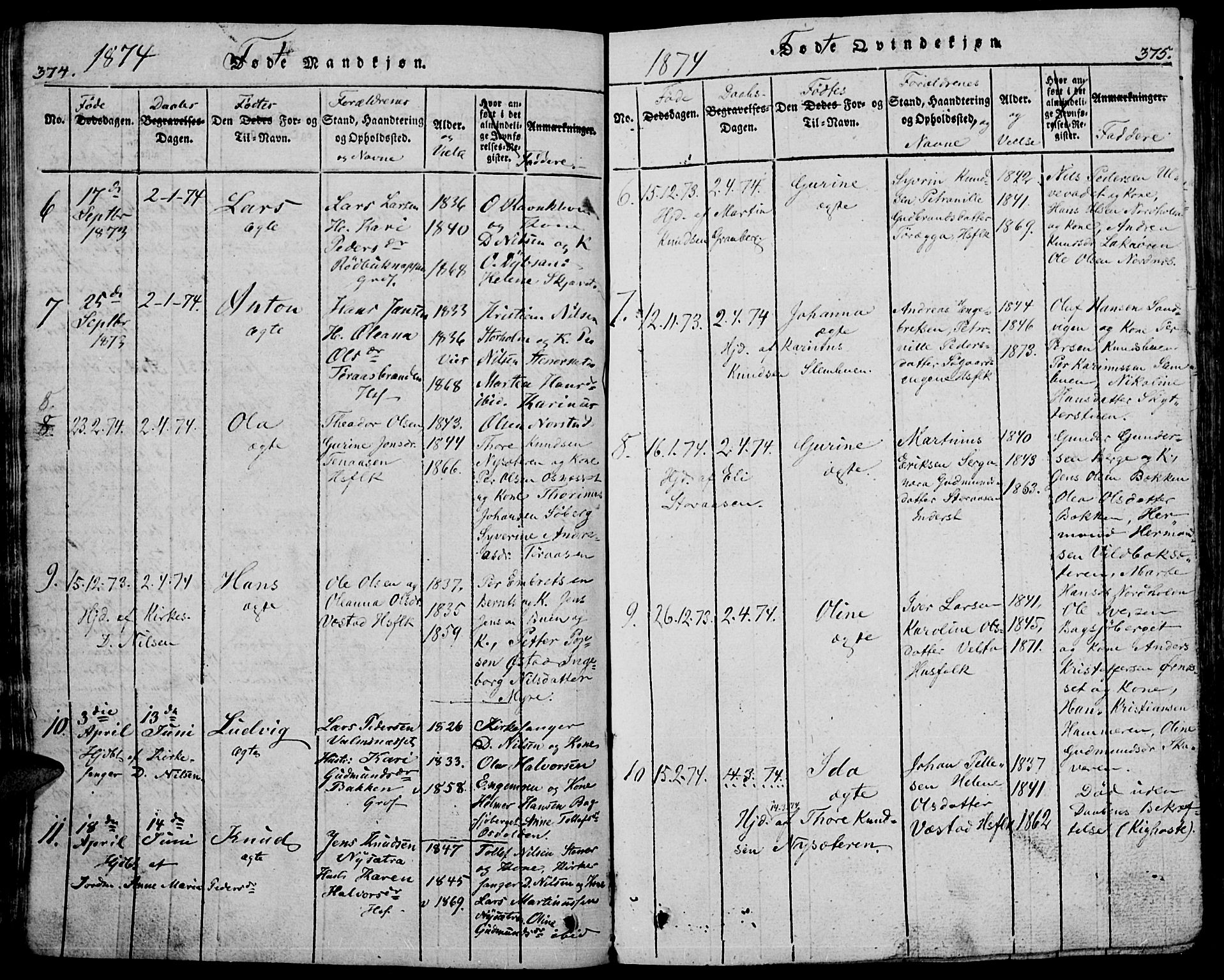 Trysil prestekontor, AV/SAH-PREST-046/H/Ha/Hab/L0005: Parish register (copy) no. 5, 1814-1877, p. 374-375